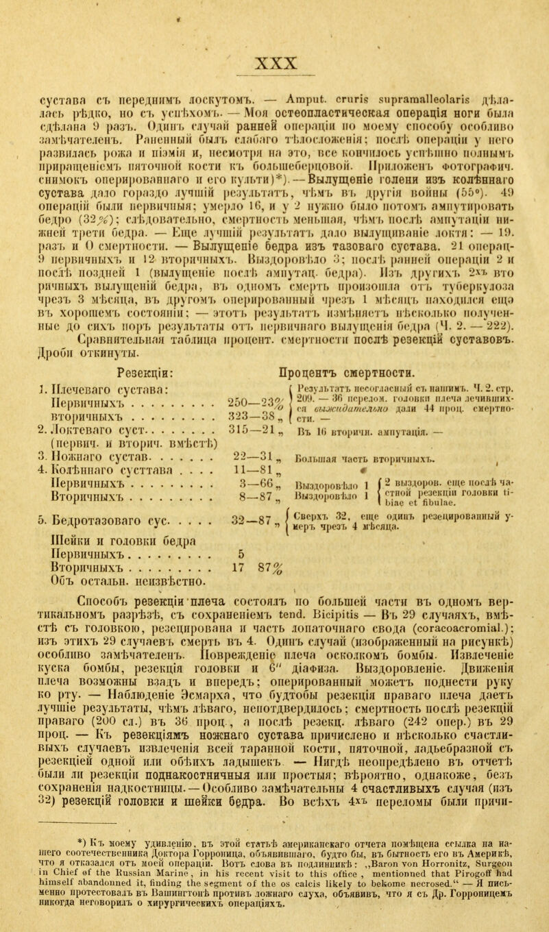 t XXX сустава съ переднимъ лоскутомъ. — Amput. cruris supramalleolaris дела- лась рѣдко, но съ усиѣхомъ. — Моя остеопластическая опѳрація ноги была сдѣлана 9 разъ. Одинъ случаи ранней оисраціи его моем) способу особливо замѣчателенъ. Раненный быль слабаго тѣяослоасееія; послѢ оперяціи у него развилась рожа и піэмія и, несмот[)н на это, все кончилось успьшно полным і> прнращеніемъ пяточной кости къ болынеберцовой. Нриложенъ фотогмфич. снимокъ оперированнаго него культи)*)— Вылущѳніе голени изъ колѣннаго сустава дало гораздо лучшій результата, чѣмъ въ другія войны (55°). 49 операдій были иервпчиыя; умерло Ю, и у 2 нужно было потомъ ампутировать бедро (32>): следовательно, смертность меньшая, чѣмъ послѣ ампутаціи ни- жней трети бедра. — Еще лучшій результата дало выяущнваніе локтя: — 19. разъ и 0 смертности. —Вылущеніе бедра изъ тазоваго сустава. 21 операц- 9 нервичныхъ и 12 вторичныхъ. Выздоровѣло пѳсдѣ ранней операдія 2 и поелѣ поздней і (вылущеніе послѣ ампутац бедра). Изъ другихъ 2м вто ричныхъ вылуіценій бедра, въ одномъ смерть произошла отъ туберкулоза чрезъ з мѣсяца, въ другомъ оперированный чрсзъ і мѣсяцъ находился ещѳ въ хорошсмъ состояніи; —этотъ результата измѣняетъ несколько получен- ные до сихъ поръ результаты оть нервичняго вылущенія бедра (Ч. 2. — 222). Сравнительная таблица процент, смертности послѣ резекцій суставовъ. Дроби откинуты. Резекціи: Процента смертности. 1. Плечеваго сустава: ( Результатанеоогласіыйвънашимъ. 4.2.стр. Пс)Г.(\ г)<\п> ) 20!». — 36 исро.юм. ГОЛОВКИ ПЛвЧв .К'ЧИНШИХ- ервичныхь 2оО— и/а / ылжиЬш}іел,М0 дади 44 проц. (.M,|mm. вторичныхъ 323—38 щ \ ста.— 2. Локтеваго сует 315—21 „ Въ 16 втаричя. ампутадЬыг- (первич. и вторич. вмѣстѣ) 3. Ножнаго сустав 22—31 „ Большая часть вторичныхъ. 4. Колѣннаго сусттава .... 11—81 „ • Иервнчныхъ 3—66., Выэдоровѣло 1 f 2 выздоров. еп<е пасдѣ ча- Вторичныхъ 8—87 „ ВыздоровЬ.ю 1 | ьТ-Ѵоt1 fiЬыі!-^ головки 1,_ 5. Бедротазоваго сус 32-87 „ | 4 Жя?Г* Р03сциРованшй у* ІІІейки и головки бедра Иервнчныхъ 5 Вторичныхъ 17 87% Объ остальн. неизвестно. Способъ резекціи плеча состоялъ но большей части въ одномъ вер- тикальномъ разрѣзѣ, съ сохраненіемъ tend. Bicipitis — Въ 29 случаяхъ, вмѣ- стѣ съ головкою, резецирована и часть лопаточнаго свода (coracoacromial.); изъ этихъ 29 случаевъ смерть въ 4. Одинъ случай (изображенный на рисункѣ) особливо замѣчателент.. ІІоврежденіо плеча осколкомъ бомбы. Извлеченіе куска бомбы, резекція головки и 6 діафиза. Выздоровленіе. Движенія плеча возможны взадъ и впередъ; оперированный можетъ поднести руку ко рту. — Наблюденіе Эсмарха, что будтобы резекція нраваго плеча даетъ лучшіе результаты, чѣмъ лѣваго, ненотдвердилоеь; смертность послѣ резекцій праваго (200 сл.) въ 36 проц., а послѣ резекц. лѣваго (242 опер.) въ 29 проц. — Къ резѳкціямъ ножнаго сустава причислено и нѣсколько счастли- выхъ случаевъ нзвлеченія всей таранной кости, пяточной, ладьебразной съ резекціей одной пли обѣихъ ладышекъ — Нигдѣ неопредѣлено въ отчетѣ были ли резекціи поднакостничныя или простыя; вѣроятно, однакоже, безъ сохранеиія надкостницы. —Особливо замѣчательны 4 счастливыхъ случая (изъ 32) резѳкцій головки и шейки бедра. Во всѣхъ 4*ъ переломы были причи- *) К ъ моему удивленно, въ этой статьѣ американскаго отчета помѣщепа ссылка на на- шего соотечественника Доктора Горроница, объявившаіо, будто бы, въ бытность его въ Америкѣ, что я отказался отъ моей операціи. Вотъ слова въ подлинник'!): ,,Baron von Horronitz, Surgeoii in Chief of the Bussian Marine, in his recent visit to this ofiice , mentionned that Pirogoff had himself abandonned it, finding the segment of the os calcis likely to bekome necrosed. — Я пись- менно протестовалъ въ Вашингтонѣ противъ ложнаго слуха, объявивъ, что я съ Др. Горроницемъ никогда неговорилъ о хирургическихъ операціяхъ.