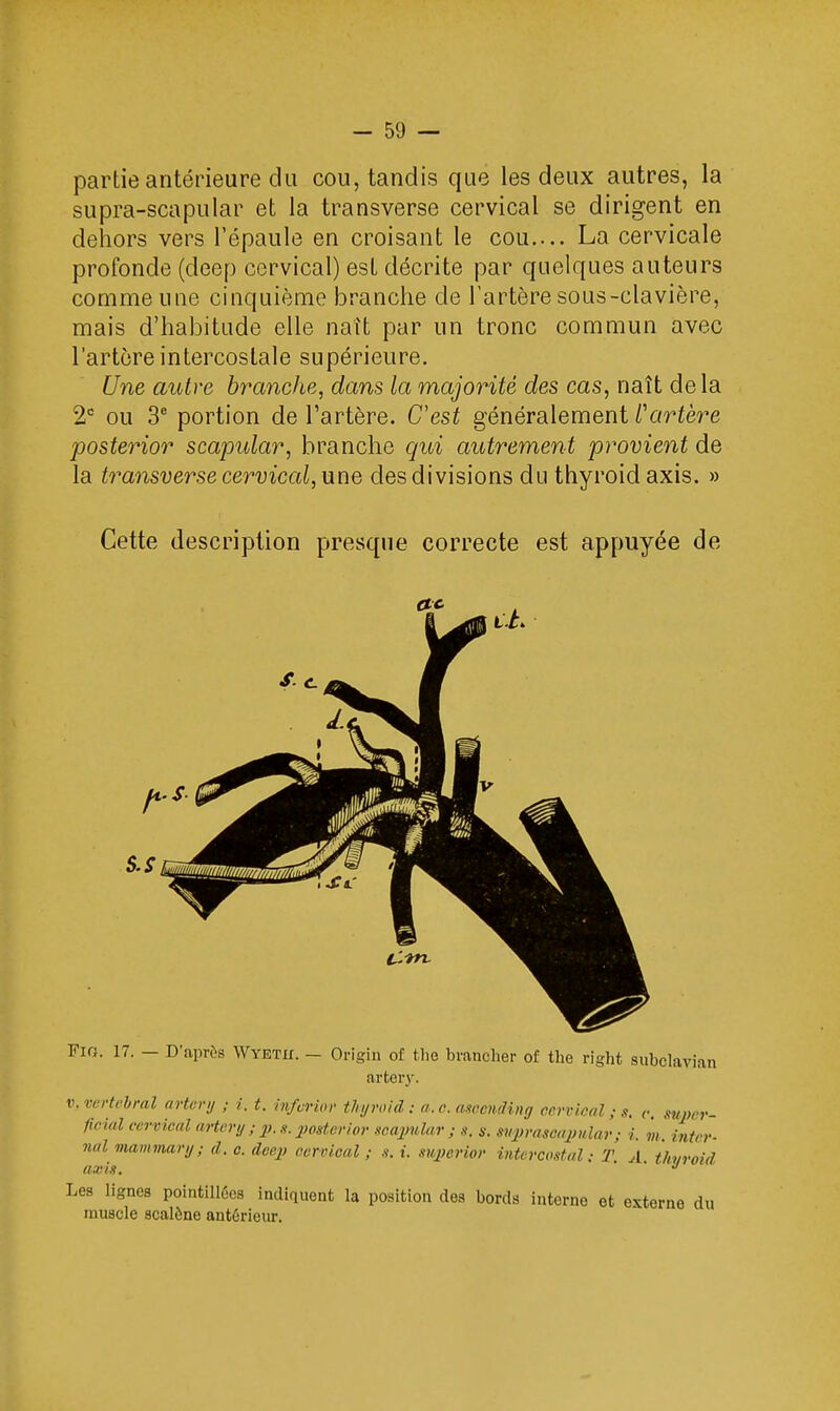 partie antérieure du cou, tandis que les deux autres, la supra-scapular et la transverse cervical se dirigent en dehors vers l'épaule en croisant le cou.... La cervicale profonde (cleep cervical) est décrite par quelques auteurs comme une cinquième branche de l'artère sous-clavière, mais d'habitude elle naît par un tronc commun avec l'artère intercostale supérieure. Une autre branche, dans la majorité des cas, naît delà 2e ou 3e portion de l'artère. C'est généralement l'artère posterior scaptdar, branche qui autrement provient de la transverse cervical, une des divisions du thyroid axis. » Cette description presque correcte est appuyée de FlO. 17. - D'après Wyeth. - Origin of the brancher of the right subclavian artery. v. vertébral artery ; ?.. t. inforior thyroid : a.o. aseending cervical; s. c. super- fieial cervical artery : p. s. posterior soapular ; s. a. svprascapular; i. m. inter- nai mammary; d. c. deep oervioal ; s. i. .mperior intercostal; T. A thvroid a.ris. 3 Les lignes pointillôes indiquent la position des bords interne et externe du muscle scalène antérieur.