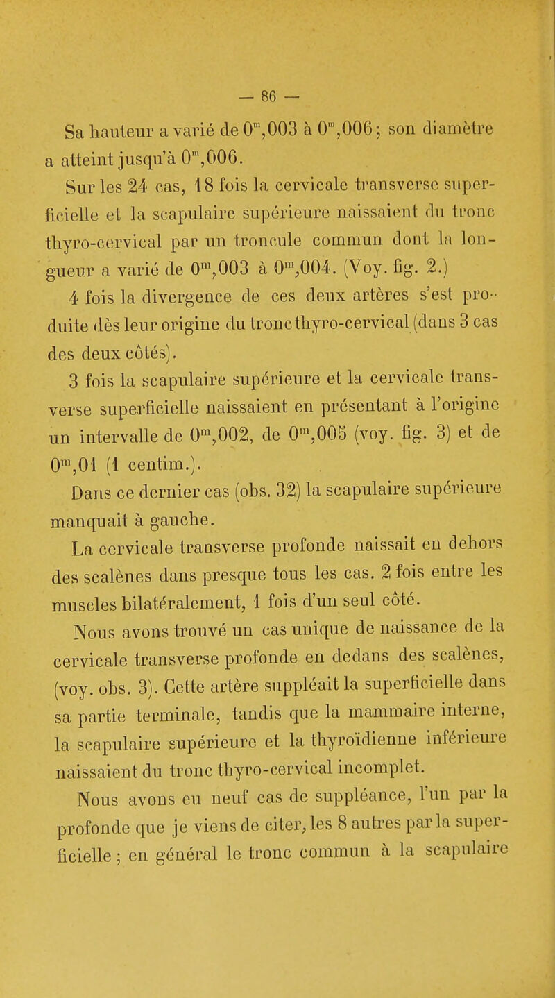 Sa hauteur a varié de Om,003 à Om,006 ; son diamètre a atteint jusqu'à 0\006. Sur les 24 cas, 18 fois la cervicale transverse super- ficielle et la scapulaire supérieure naissaient du tronc thyro-cervical par un troncule commun dont la lon- gueur a varié de 0m?003 cà 0m,004. (Voy. fig. 2.) 4 fois la divergence de ces deux artères s'est pro- duite dès leur origine du tronc thyro-cervical (dans 3 cas des deux côtés). 3 fois la scapulaire supérieure et la cervicale trans- verse superficielle naissaient en présentant à l'origine un intervalle de 0m,002, de 0\005 (voy. fig. 3) et de 0m,01 (1 centim.). Dans ce dernier cas (ohs. 32) la scapulaire supérieure manquait à gauche. La cervicale transverse profonde naissait en dehors des scalènes dans presque tous les cas. 2 fois entre les muscles bilatéralement, 1 fois d'un seul côté. Nous avons trouvé un cas unique de naissance de la cervicale transverse profonde en dedans des scalènes, (voy. obs. 3). Cette artère suppléait la superficielle dans sa partie terminale, tandis que la mammaire interne, la scapulaire supérieure et la thyroïdienne inférieure naissaient du tronc thyro-cervical incomplet. Nous avons eu neuf cas de suppléance, l'un par la profonde que je viens de citernes 8 autres parla super- ficielle ; en général le tronc commun à la scapulaire