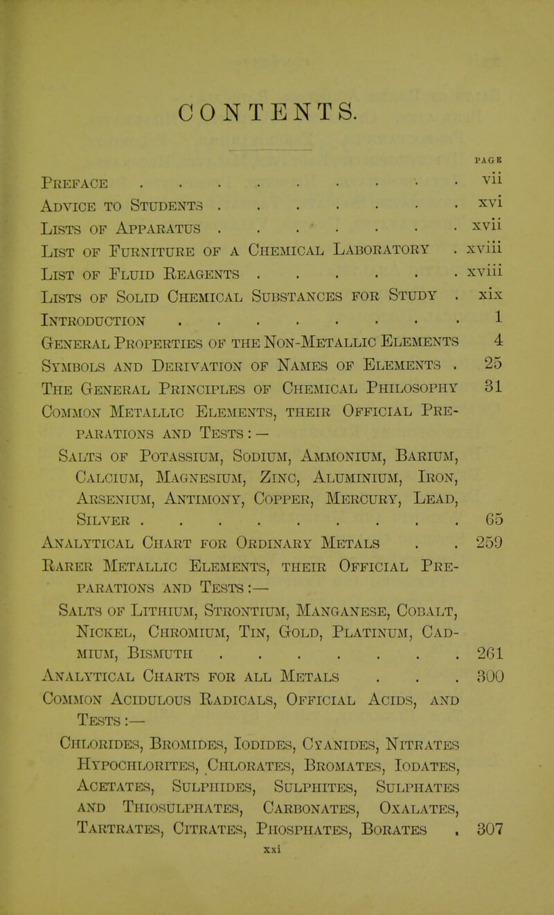 CONTENTS. PAGE Preface V11 Advice to Students xyi Lists of Apparatus • xvii List of Furniture of a Chemical Laboratory . xviii List of Fluid Reagents xviii Lists of Solid Chemical Substances for Study . xix Introduction 1 General Properties of the Non-Metallic Elements 4 Symbols and Derivation of Names of Elements . 25 The General Principles of Chemical Philosophy 31 Common Metallic Elements, their Official Pre- parations and Tests : — Salts of Potassium, Sodium, Ammonium, Barium, Calcium, Magnesium, Zinc, Aluminium, Iron, Arsenium, Antimony, Copper, Mercury, Lead, Silver 65 Analytical Chart for Ordinary Metals . . 259 Rarer Metallic Elements, their Official Pre- parations and Tests:— Salts of Lithium, Strontium, Manganese, Cobalt, Nickel, Chromium, Tin, Gold, Platinum, Cad- mium, Bismuth 2G1 Analytical Charts for all Metals . . . BOO Common Acidulous Radicals, Official Acids, and Tests :— Chlorides, Bromides, Iodides, Cyanides, Nitrates Hypochlorites, Chlorates, Bromates, Iodates, Acetates, Sulphides, Sulphites, Sulphates and Thiosulphates, Carbonates, Oxalates, Tartrates, Citrates, Phosphates, Borates . 307