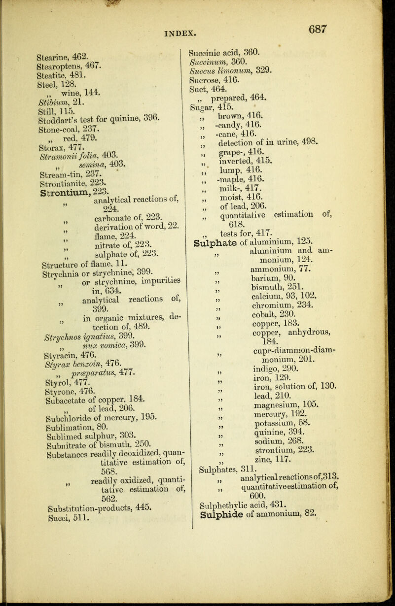 Stearine, 462. Stearoptens, 467. Steatite, 481. Steel, 128. „ wine, 144. Stibium, 21. Still, 115. . . Stoddart's test for quinine, ^Ub. Stone-coal, 237. „ red, 479. Storax, 477. Stramonii folia, 403. semina, 403. Stream-tin, 237. Strontianite, 223. Strontium, 223. . ^ . „ analytical reactions ot, 224. carbonate of, 223. derivation of word, 22. flame, 224. nitrate of, 223. sulphate of, 223. Structure of flame, 11. Strychnia or strychnine, 399. _ or strychnine, impurities in, 634. analytical reactions of, 399. in organic mixtures, de- tection of, 489. Strychnos Ignatius, 399. nux vomica, 399. Styracin, 476. Styrax henzohi, 476. „ ^rceparat^is, 477. Styrol, 477. Styrone, 476. Subacetate of copper, 184. of lead, 206. Subchloride of mercury, 195. Sublimation, 80. Sublimed sulphur, 303. Subnitrate of bismuth, 250. Substances readily deoxidized,^ quan- titative estimation of, 568. „ readily oxidized, quanti- tative estimation of, 562. Substitution-products, 445. Succi, 511. Succinic acid, 360. Succinum, 360. Succiis limonum, 329. Sucrose, 416. Suet, 464. prepared, 464. Sugar, 415. ,, brown, 416. -candy, 416. „ -cane, 416. „ detection of in urine, 498. „ grape-, 416. „ inverted, 415. lump, 416. -maple, 416. „ milk-, 417. moist, 416. „ of lead, 206. „ quantitative estimation of, 618. „ tests for, 417. Sulpliate of aluminium, 125. aluminium and am- monium, 124. ,j ammonium, 77. barium, 90. bismuth, 251. calcium, 93, 102. chromium, 234. 'I cobalt, 230. „ copper, 183. copper, anhydrous, 184. ,j cupr-diamm.on-diam- monium, 201. indigo, 290. iron, 129. iron, solution of, 130. lead, 210. magnesium, 105. J J mercury, 192. J, potassium, 58. quinine, 394. sodium, 268. „ strontium, 223. zinc, 117. Sulphates, 311. . „ analytical reactions of,31 o, quantitative estimation of, 600. Sulphethylic acid, 431. Sulphide of ammonium, 82.