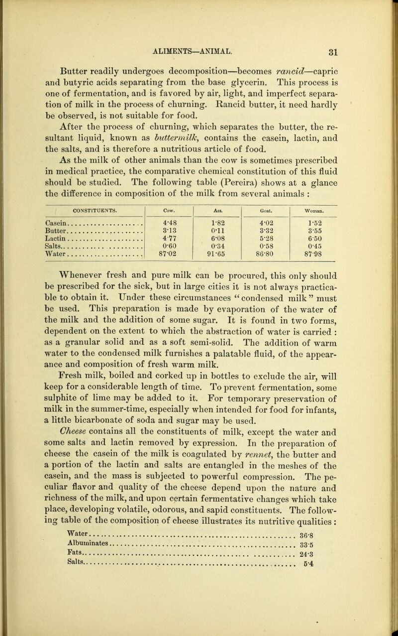 Butter readily undergoes decomposition—becomes rancid—capric and butyric acids separating from the base glycerin. This process is one of fermentation, and is favored by air, light, and imperfect separa- tion of milk in the process of churning. Rancid butter, it need hardly be observed, is not suitable for food. After the process of churning, which separates the butter, the re- sultant liquid, known as buttermilk, contains the casein, lactin, and the salts, and is therefore a nutritious article of food. As the milk of other animals than the cow is sometimes prescribed in medical practice, the comparative chemical constitution of this fluid should be studied. The following table (Pereira) shows at a glance the difference in composition of the milk from several animals : CONSTITUENTS. Cow. Ass. Goat. Woman. 4-48 1-82 4-02 1-52 3-13 0-11 3-32 3-55 4:11 6-08 5-28 650 Salts 0-60 0-34 0-58 0-45 87-02 91-65 86-80 87-98 Whenever fresh and pure milk can be procured, this only should be prescribed for the sick, but in large cities it is not always practica- ble to obtain it. Under these circumstances condensed milk must be used. This preparation is made by evaporation of the water of the milk and the addition of some sugar. It is found in two forms, dependent on the extent to which the abstraction of water is carried : as a granular solid and as a soft semi-solid. The addition of warm water to the condensed milk furnishes a palatable fluid, of the appear- ance and composition of fresh warm milk. Fresh milk, boiled and corked up in bottles to exclude the air, will keep for a considerable length of time. To prevent fermentation, some sulphite of lime may be added to it. For temporary preservation of milk in the summer-time, especially when intended for food for infants, a little bicarbonate of soda and sugar may be used. Cheese contains all the constituents of milk, except the water and some salts and lactin removed by expression. In the preparation of cheese the casein of the milk is coagulated by rennet, the butter and a portion of the lactin and salts are entangled in the meshes of the casein, and the mass is subjected to powerful compression. The pe- culiar flavor and quality of the cheese depend upon the nature and richness of the milk, and upon certain fermentative changes which take place, developing volatile, odorous, and sapid constituents. The follow- ing table of the composition of cheese illustrates its nutritive qualities : Water 86.8 Albuminates 33 5 Fats 24 3 Salts 5.4