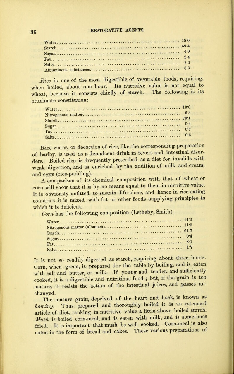 Water 15'° Starch 69'4 ■ n Fat 24 Salts 20 Albuminous substances ® iJice is one of the most digestible of vegetable foods, requiring, when boiled, about one hour. Its nutritive value is not equal to wheat, because it consists chiefly of starch. The following is its proximate constitution: Water 13*° Nitrogenous matter Starch 791 SuSar 0^ Fat U ' Salts ■ ••— °,5L ,1 ■ Rice-water, or decoction of rice, like the corresponding preparation of barley, is used as a demulcent drink in fevers and intestinal disor- ders. Boiled rice is frequently prescribed as a diet for invalids with weak digestion, and is enriched by the addition of milk and cream, and eggs (rice-pudding). A comparison of its chemical composition with that of wheat or corn will show that it is by no means equal to them in nutritive value. It is obviously unfitted to sustain life alone, and hence in rice-eating countries it is mixed with fat or other foods supplying principles in which it is deficient. Corn has the following composition (Letheby, Smith) : w . 14-0 Water Nitrogenous matter (albumen) 11 J* Starch • 64*' a 0'4 Sugar Salts 1 ' It is not so readily digested as starch, requiring about three hours. Corn, when green, is prepared for the table by boiling, and is eaten with salt and butter, or milk. If young and tender, and sufficiently cooked, it is a digestible and nutritious food ; but, if the grain is too mature, it resists the action of the intestinal juices, and passes un- changed. The mature grain, deprived of the heart and husk, is known as hominy. Thus prepared and thoroughly boiled it is an esteemed article of diet, ranking in nutritive value a little above boiled starch. Mush is boiled corn-meal, and is eaten with milk, and is sometimes fried. It is important that mush be well cooked. Corn-meal is also eaten in the form of bread and cakes. These various preparations of