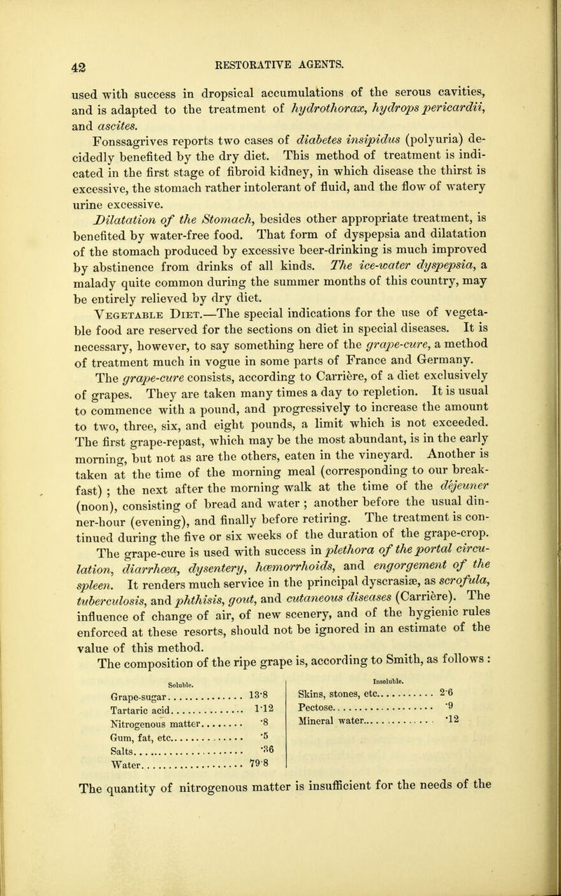 used with success in dropsical accumulations of the serous cavities, and is adapted to the treatment of hydrothorax, hydrops pericardii, and ascites. Fonssagrives reports two cases of diabetes insipidus (polyuria) de- cidedly benefited by the dry diet. This method of treatment is indi- cated in the first stage of fibroid kidney, in which disease the thirst is excessive, the stomach rather intolerant of fluid, and the flow of watery urine excessive. Dilatation of the Stomach, besides other appropriate treatment, is benefited by water-free food. That form of dyspepsia and dilatation of the stomach produced by excessive beer-drinking is much improved by abstinence from drinks of all kinds. The ice-water dyspepsia, a malady quite common during the summer months of this country, may be entirely relieved by dry diet. Vegetable Diet.—The special indications for the use of vegeta- ble food are reserved for the sections on diet in special diseases. It is necessary, however, to say something here of the grape-cure, a method of treatment much in vogue in some parts of France and Germany. The grape-cure consists, according to Carriere, of a diet exclusively of grapes. They are taken many times a day to repletion. It is usual to commence with a pound, and progressively to increase the amount to two, three, six, and eight pounds, a limit which is not exceeded. The first grape-repast, which may be the most abundant, is in the early morning, but not as are the others, eaten in the vineyard. Another is taken at the time of the morning meal (corresponding to our break- fast) ; the next after the morning walk at the time of the dejeuner (noon), consisting of bread and water ; another before the usual din- ner-hour (evening), and finally before retiring. The treatment is con- tinued during the five or six weeks of the duration of the grape-crop. The grape-cure is used with success in plethora of the portal circu- lation, diarrhoea, dysentery, hemorrhoids, and engorgement of the spleen. It renders much service in the principal dyscrasiee, as scrofula, tuberculosis, and phthisis, gout, and cutaneous diseases (Carriere). The influence of change of air, of new scenery, and of the hygienic rules enforced at these resorts, should not be ignored in an estimate of the value of this method. The composition of the ripe grape is, according to Smith, as follows : Insoluble. Skins, stones, etc 2-6 Pectose '9 Mineral water *12 Soluble. 13-8 1-12 •8 •5 •36 .... 79-8 The quantity of nitrogenous matter is insufficient for the needs of the