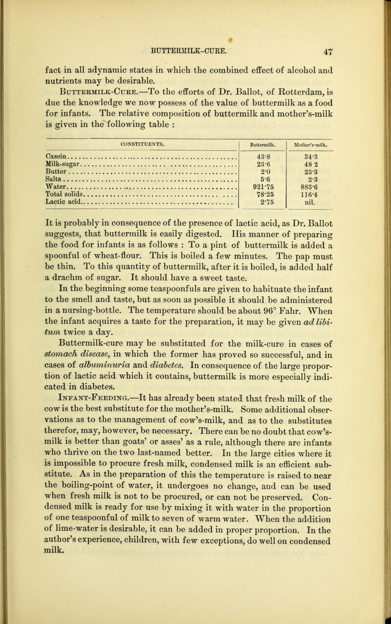 fact in all adynamic states in which the combined effect of alcohol and nutrients may be desirable. Buttermilk-Cure.—To the efforts of Dr. Ballot, of Rotterdam, is due the knowledge we now possess of the value of buttermilk as a food for infants. The relative composition of buttermilk and mother's-milk is given in the following table : CONSTITUENTS, Casein Milk-sugar Butter Salts Water Total solids Lactic acid Buttermilk. Mother's-milk, 43-8 34-3 23-6 48 2 2-0 23-3 5'6 23 921-15 883-6 78-25 116-4 2-75 nil. It is probably in consequence of the presence of lactic acid, as Dr. Ballot suggests, that buttermilk is easily digested. His manner of preparing the food for infants is as follows : To a pint of buttermilk is added a spoonful of wheat-flour. This is boiled a few minutes. The pap must be thin. To this quantity of buttermilk, after it is boiled, is added half a drachm of sugar. It should have a sweet taste. In the beginning some teaspoonf uls are given to habituate the infant to the smell and taste, but as soon as possible it should be administered in a nursing-bottle. The temperature should be about 96° Fahr. When the infant acquires a taste for the preparation, it may be given ad libi- tum twice a day. Buttermilk-cure may be substituted for the milk-cure in cases of stomach disease, in which the former has proved so successful, and in cases of albuminuria and diabetes. In consequence of the large propor- tion of lactic acid which it contains, buttermilk is more especially indi- cated in diabetes. Infant-Feeding.—It has already been stated that fresh milk of the cow is the best substitute for the mother's-milk. Some additional obser- vations as to the management of cow's-milk, and as to the substitutes therefor, may, however, be necessary. There can be no doubt that cow's- milk is better than goats' or asses' as a rule, although there are infants who thrive on the two last-named better. In the large cities where it is impossible to procure fresh milk, condensed milk is an efficient sub- stitute. As in the preparation of this the temperature is raised to near the boiling-point of water, it undergoes no change, and can be used when fresh milk is not to be procured, or can not be preserved. Con- densed milk is ready for use by mixing it with water in the proportion of one teaspoonful of milk to seven of warm water. When the addition of lime-water is desirable, it can be added in proper proportion. In the author's experience, children, with few exceptions, do well on condensed milk.