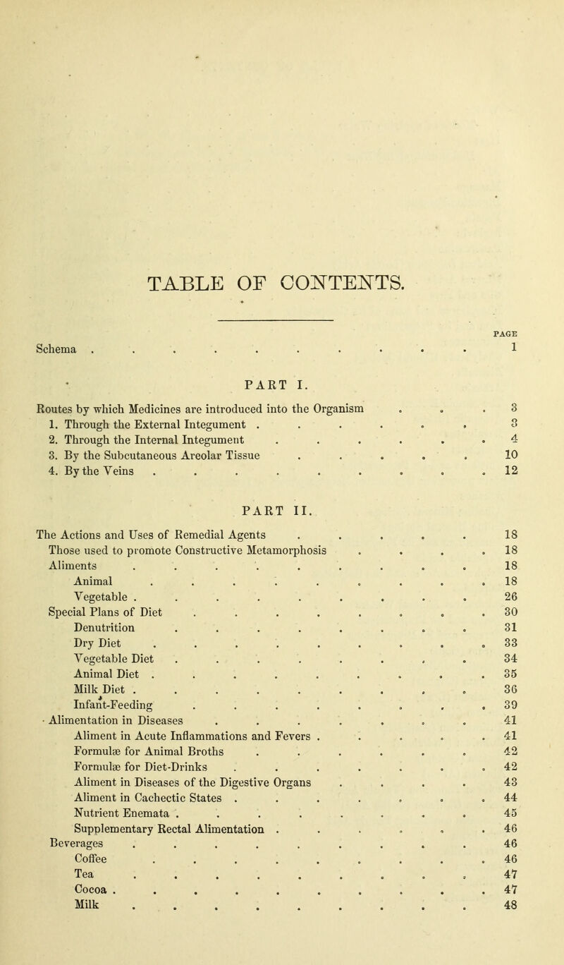 TABLE OF COI^TEl^TS. PAGE Schema . . . . . . . . . . 1 PART I. Routes by which Medicines are introduced into the Organism . . .3 1. Through the External Integument ...... 3 2. Through the Internal Integument ...... 4 3. By the Subcutaneous Areolar Tissue . . . . . 10 4. By the Veins ......... 12 PART II. The Actions and Uses of Remedial Agents ..... 18 Those used to promote Constructive Metamorphosis . . . ,18 Aliments ......... 18 Animal ......... 18 Vegetable ......... 26 Special Plans of Diet . . . . . . . .30 Denutrition . . . . . . . , 31 Dry Diet ......... 33 Vegetable Diet ........ 34 Animal Diet ......... 35 Milk Diet ......... 36 Infant-Feeding . . . . . . . ,39 ■ Alimentation in Diseases 41 Aliment in Acute Inflammations and Fevers . . . . .41 Formulae for Animal Broths ...... 42 Formulae for Diet-Drinks . . . . . . ,42 AUment in Diseases of the Digestive Organs .... 43 Aliment in Cachectic States . . . . , , ,44 Nutrient Enemata ........ 45 Supplementary Rectal Alimentation . . . , . .46 Beverages ......... 46 Coifee 46 Tea 47 Cocoa .......... 47 Milk 48