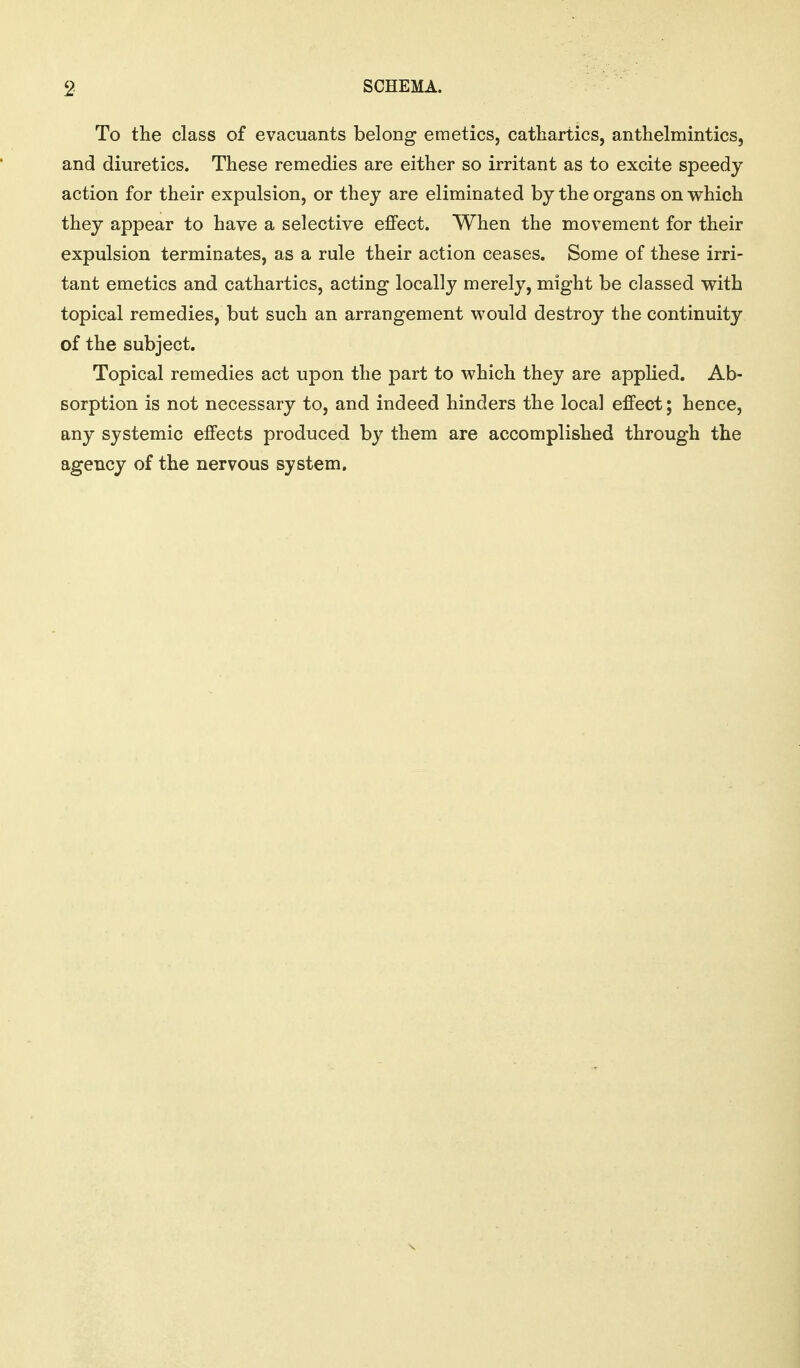 To the class of evacuants belong emetics, cathartics, anthelmintics, and diuretics. These remedies are either so irritant as to excite speedy action for their expulsion, or they are eliminated by the organs on which they appear to have a selective effect. When the movement for their expulsion terminates, as a rule their action ceases. Some of these irri- tant emetics and cathartics, acting locally merely, might be classed with topical remedies, but such an arrangement would destroy the continuity of the subject. Topical remedies act upon the part to which they are applied. Ab- sorption is not necessary to, and indeed hinders the local effect; hence, any systemic effects produced by them are accomplished through the agency of the nervous system.