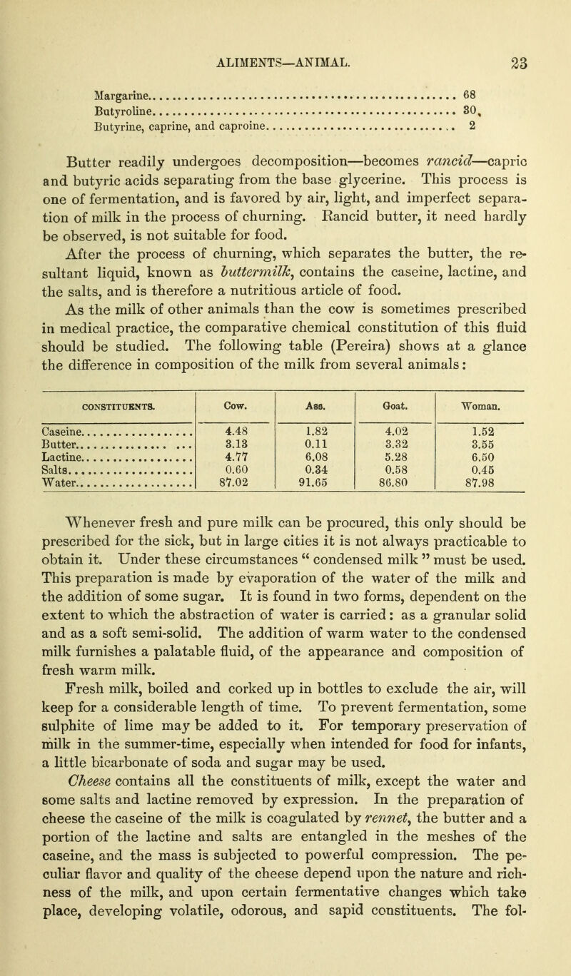 Margarine 68 Butyroline 30, Butyrine, caprine, and caproine 2 Butter readily undergoes decomposition—becomes rancid—capric and butyric acids separating from the base glycerine. This process is one of fermentation, and is favored by air, light, and imperfect separa- tion of milk in the process of churning. Rancid butter, it need hardly be observed, is not suitable for food. After the process of churning, which separates the butter, the re- sultant liquid, known as huttermilk, contains the caseine, lactine, and the salts, and is therefore a nutritious article of food. As the milk of other animals than the cow is sometimes prescribed in medical practice, the comparative chemical constitution of this fluid should be studied. The following table (Pereira) shows at a glance the diJBference in composition of the milk from several animals: CONSTITUENTS. Cow. Ass. Goat. Woman. 4.48 1.82 4.02 1.52 3.13 0.11 3.32 3.55 4.'7'7 6.08 5.28 6.50 0.60 0.34 0.58 0.45 87.02 91.65 86.80 87.98 Whenever fresh and pure milk can be procured, this only should be prescribed for the sick, but in large cities it is not always practicable to obtain it. Under these circumstances  condensed milk  must be used. This preparation is made by evaporation of the water of the milk and the addition of some sugar. It is found in two forms, dependent on the extent to which the abstraction of water is carried: as a granular solid and as a soft semi-solid. The addition of warm water to the condensed milk furnishes a palatable fluid, of the appearance and composition of fresh warm milk. Fresh milk, boiled and corked up in bottles to exclude the air, will keep for a considerable length of time. To prevent fermentation, some sulphite of lime may be added to it. For temporary preservation of milk in the summer-time, especially when intended for food for infants, a little bicarbonate of soda and sugar may be used. Cheese contains all the constituents of milk, except the water and some salts and lactine removed by expression. In the preparation of cheese the caseine of the milk is coagulated by rennet, the butter and a portion of the lactine and salts are entangled in the meshes of the caseine, and the mass is subjected to powerful compression. The pe- culiar flavor and quality of the cheese depend upon the nature and rich- ness of the milk, and upon certain fermentative changes which take place, developing volatile, odorous, and sapid constituents. The fol-