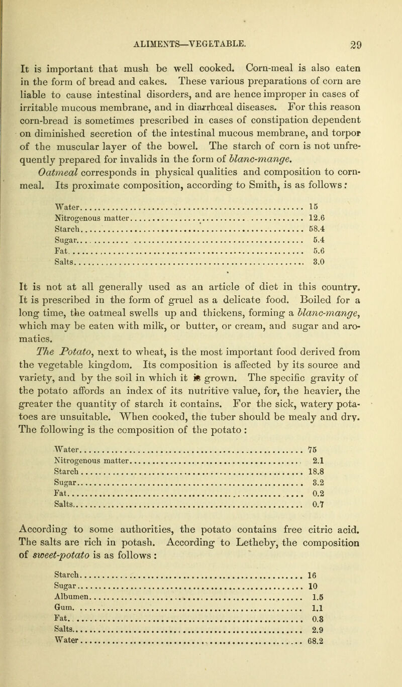 It is important that mush be well cooked. Corn-meal is also eaten in the form of bread and cakes. These various preparations of corn are liable to cause intestinal disorders, and are hence improper in cases of irritable mucous membrane, and in diajrrhoeal diseases. For this reason corn-bread is sometimes prescribed in cases of constipation dependent on diminished secretion of the intestinal mucous membrane, and torpor of the muscular layer of the bowel. The starch of corn is not unfre- quentlj prepared for invalids in the form of hlanc-mange. Oatmeal corresponds in physical qualities and composition to corn- meal. Its proximate composition, according to Smith, is as follows: Water 15 Nitrogenous matter 12.6 Starch * 58.4 Sugar 5.4 Fat, 5.6 Salts 3.0 It is not at all generally used as an article of diet in this country. It is prescribed in the form of gruel as a delicate food. Boiled for a long time, the oatmeal swells up and thickens, forming a hlanc-mange, which may be eaten with milk, or butter, or cream, and sugar and aro- matics. The Potato, next to wheat, is the most important food derived from the vegetable kingdom. Its composition is affected by its source and variety, and by the soil in which it ift grown. The specific gravity of the potato affords an index of its nutritive value, for, the heavier, the greater the quantity of starch it contains. For the sick, watery pota- toes are unsuitable. When cooked, the tuber should be mealy and dry. The following is the composition of the potato : Water '75 Nitrogenous matter 2.1 Starch 18.8 Sugar 3.2 Fat 0.2 Salts 0.7 According to some authorities, the potato contains free citric acid. The salts are rich in potash. According to Letheby, the composition of sweet-potato is as follows : Starch 16 Sugar 10 Albumen , 1.5 Gum 1.1 Fat. 0.8 Salts 2.9 Water 68.2