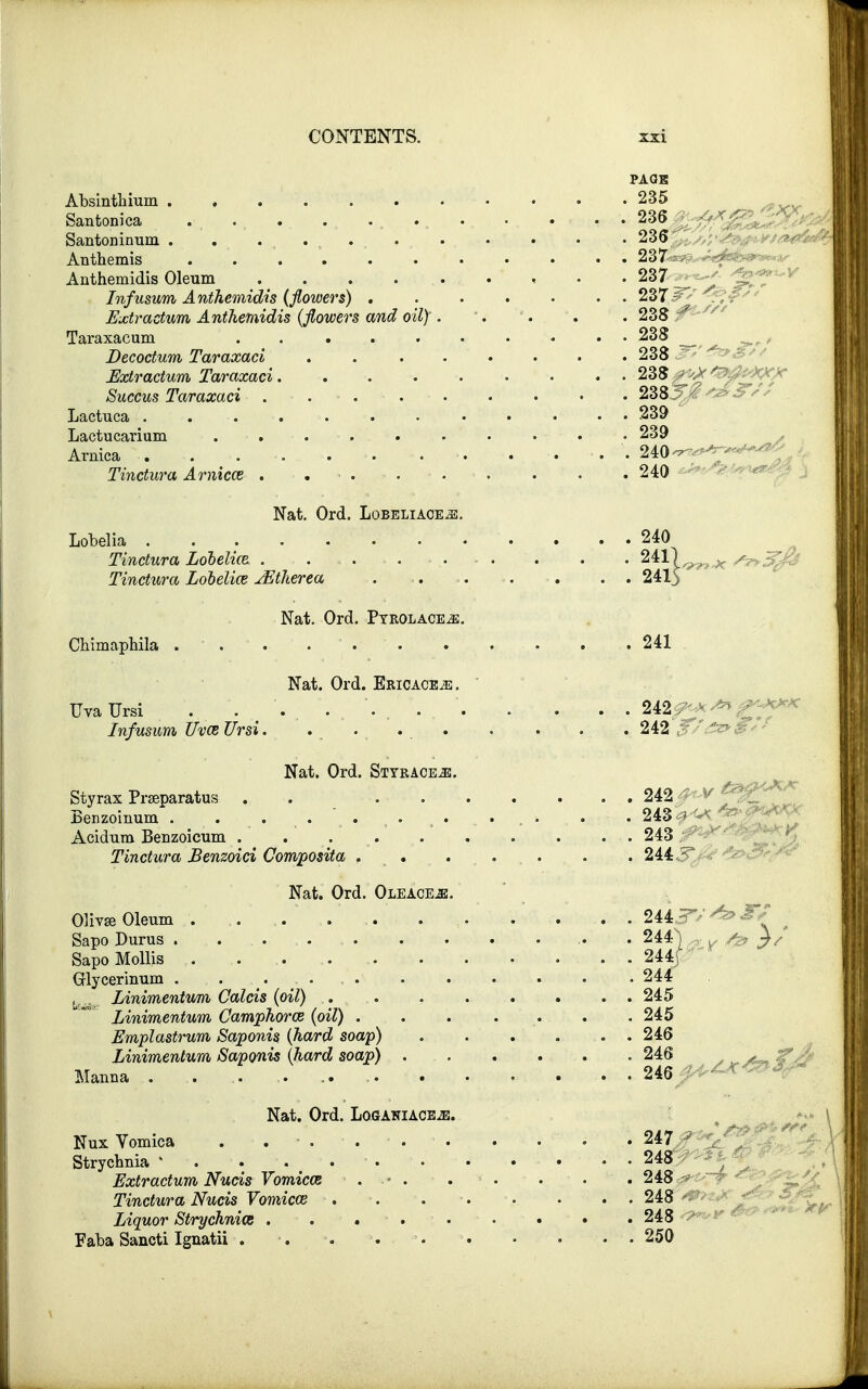 PAGE Absinthium 235 Santonica . 236 Santoninum 236 Anthemis 237 Anthemidis Oleum . . . . . « . . 237 _ Infusum Anthemidis (flowers) . 237 ; Extractum Anthemidis (flowers and oil) . . . . . 238 Taraxacum . . . . • • . • • 238 _____ Decoctum Taraxaci . . . . . . • 238 Extractum Taraxaci 238 Succus Taraxaci . 238 y 4 Lactuca . . . . • • • • • • 239 Lactucarium . - . . . . • • • • • 239 Arnica • ... 240— ^; Tinctura Arnica . . . • 240 Nat. Ord. Lobeliace^e. Lobelia • . • • 2i\ Tinctura Lobelia . . 241) ^ x Ssy^J^ Tinctura Lobelia JEtherea 2415 Nat. Ord. Pyrolace^e. Chimaphila ... . . . . . . .241 Nat. Ord. Ericacejs. Uva Ursi Infusum Uva Ursi. 242 ■?'- * 242 Nat. Ord. Styrace^e. Styrax Praparatus . . 242 Benzoinum . .......... . . 243 ; Acidum Benzoicum . . 243 ^ Tinctura Benzoici Composita . . . , . , . . 244 Nat. Ord. Oleace.se. Olivje Oleum . .. ..... . 244,5/ J# . Sapo Durus ... . 244) y /-.- }, Sapo Mollis . . .. 244 Olycerinum . . . . . . • • 244 ^ Linimentum Calcis (oil) 245 Linimentum Camphor'a (oil) . . . . • • .245 Emplastrum Saponis (hard soap) 246 Linimentum Saponis (hard soap) . . . . . . 246 s *.A-m?s Manna . . .. . 246^^' Nat. Ord. LoGANiACEiE. 'P** fft Nux Vomica . 247 Strychnia * . . ... . . . . . 248 Extractum Nucis Vomica . • . . •'.. • • .248 Tinctura Nucis Vomica . . 248 Liquor Strychnia . . 248 Faba Sancti Ignatii . . • 250