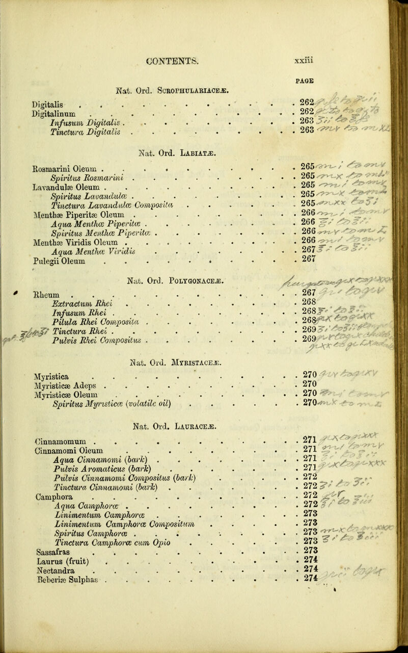 PAGE Nat. Ord. Scrophulariace^:. Digitalis . . . . • • . ... .262 Digitalinum . • • 262 Infusum Digital Tinctura Digitalis Nat. Ord Rosmarini Oleum ...» Spiritus Rosmarini . Lavandulae Oleum .... Spiritus Lavandula! . Tinctura Lavandula Composita Mentha? Piperita? Oleum _. Aqua Mentha Piperita? . Spiritus Menthol Piperita . Mentha? Viridis Oleum . Aqua Menthce Viridis Pulegii Oleum .... 263 263 Labi at m. 265 - >-2-/ ■•• 265 -r^-K -^s? 265 -w^/ 265^^-^. 265^*^^ ^ 5V 266 ->?-^/ 266 -§/ <*&gS* 266 , . • 266 - 267T^^J-* 267 Nat. Or J. Polygonace^e. Rheum • • • • . . 267  Extractum Rhei Infusum Rhei Pilula Rhei r Tinctura Rhei . Pulvis Rhei Compositus 268 268 268 269 269 Hat. Ord. Myristaceje. Myristica 270 Myristicae Adeps . . 270 Myristica? Oleum . . . 270 r Spiritus Myrtsiica (volatile oil) . . . . . 270 Nat. Ord. Laurace^:. Oinnamomum ..... Cinnamomi Oleum . . . Aqua Cinnamomi (bark) . Pidvis Aromaticus (bark) Pulvis Cinnamomi Compositus (bark) Tinctura Cinnamomi (bark) Camphora Aqua Camphora . Linimentum Camphora Linimentum Camphora Compositum Spiritus Camphora . Tinctura Camphorce cum Opio Laurus (fruit) Nectandra Beberije Sulphas 271 271 - 271 271 272 272?'*«£ 272 272 273 273 . » 273 - 273 274