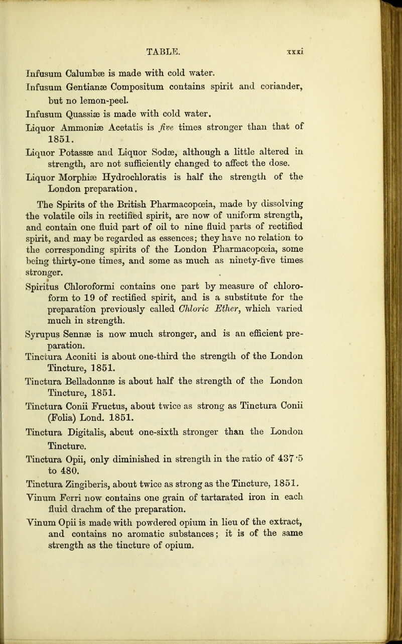 Infusum Calumbje is made with cold water. Infusum Gentianse Compositum contains spirit and coriander, but no lemon-peel. Infusum Quassise is made with cold water. Liquor Ammonise Acetatis is Jive times stronger than that of 1851. Liquor Potassse and Liquor Sodae, although a little altered in strength, are not sufficiently changed to affect the dose. Liquor Morphise Hydrochloratis is half the strength of the London preparation. The Spirits of the British Pharmacopoeia, made by dissolving the volatile oils in rectified spirit, are now of uniform strength, and contain one fluid part of oil to nine fluid parts of rectified spirit, and may be regarded as essences; they have no relation to the corresponding spirits of the London Pharmacopoeia, some being thirty-one times, and some as much as ninety-five times stronger. Spiritus Chloroformi contains one part by measure of chloro- form to 19 of rectified spirit, and is a substitute for the preparation previously called Chloric Ether, which varied much in strength. Syrupus Sennse is now much stronger, and is an efficient pre- paration. Tinctura Aconiti is about one-third the strength of the London Tincture, 1851. Tinctura Belladonnse is about half the strength of the London Tincture, 1851. Tinctura Conii Fructus, about twice as strong as Tinctura Conii (Folia) Lond. 1851. Tinctura Digitalis, abcut one-sixth stronger than the London Tincture. Tinctura Opii, only diminished in strength in the ratio of 437'5 to 480. Tinctura Zingiberis, about twice as strong as the Tincture, 1851. Vinum Ferri now contains one grain of tartarated iron in each fluid drachm of the preparation. Vinum Opii is made with powdered opium in lieu of the extract, and contains no aromatic substances; it is of the same strength as the tincture of opium.
