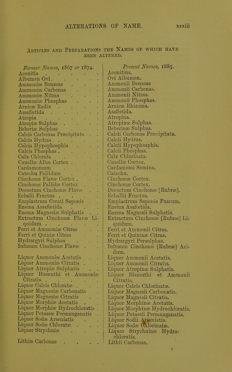 Articles and Preparations the Names of which have been altered. Former Names, 1867 or 1874. Aconitia . . . . . Albumen Ovi AmmonifB Benzoas Ammonife Carbonas Ammonise Nitras AmmoniEe Pliosphas . . . Aruicse Radix .... Assafcetida . . . . . Atropia . . . . . Atropise Sulphas . . . . Beberise Sulphas Calcis Carbonas Prsecipitata . . Calcis Hydras .... Calcis Hypopbospbis . . . Calcis Phospbas .... Calx Cblorata . . . . Canellse Albse Cortex . Cardamomum . . . . Catecbu Pallidum Cincbon£e Flavte Cortex . Cincbonse Pallidse Cortex . Decoctum Cincbonjie Flavee . . Ecbalii Fructus .... Emplastrum Cerati Saponis . Enema Assafcetida Enema Magnesias Sulphatis . Extractum Cincbonse Flavse Li- quidum . . . . . Ferri et Ammonise Citras . . FeiTi et Quinise Citras Hydrargyri Sulpbas . . . Infusum Cincbonse Flavse. . Liquor Ammonias Acetatis Liquor Ammoniae Citratis . Liquor Atropiae Sulpbatis . . Liquor Bismutbi et Ammonise Citratis . . . . , Liquor Calcis Cbloratae . . . Liquor Magnesias Carbonatis Liquor Magnesise Citratis . . Liquor Morpbise Acetatis . Liquor Morpbise Hydrocbloratis : Liquor Potassse Permauganatis . Liquor Sodae Arseniatis Liquor Sodse Cbloratse . . . Liquor Strycbniae Litbise Carbonas . . . . Present Names, 1885. Aconitina. Ovi Albumen. Ammonii Benzoas Ammonii Carbonas. Ammonii Nitras. Ammonii Pbospbas. Arnicas Rbizoma. Asafoetida. Atropina. Atropinae Sulpbas. Beberinae Sulpbas. Calcii Carbonas Prascipitata. Calcii Hydras. Calcii Hypopbosphis. Calcii Pbospbas. Calx Cblorinata. Canellse Cortex. Cardamomi Semina. Catechu. Cinchonas Cortex. Cinchonae Cortex. Decoctum Cinchonae [Rubrae]. Ecballii Fructus. Emplastrum Saponis Fuscum. Enema Asafoetida. Enema Magnesii Sulpbatis. Extractum Cinchonae [Rubrae] Li- quidum. Ferri et Ammonii Citras. Ferri et Quininae Citras. Hydrargyri Persulphas. Infusum Cinchonae [Rubrae] Aci- dum. Liquor Ammonii Acetatis. Liquor Ammonii Citratis. Liquor Atropinae Sulphatis. Liquor Bismutbi et Ammonii Citratis. Liquor Calcis Chlorinatae. Liquor Magnesii Carbonatis. Liquor Magnesii Citratis. Liquor Morphinae Acetatis. Liquor Morphinse Hydrocbloratis. Liquor Potassii Permauganatis. Liquor Sodii Ai'seniatis. Liquor Sodse ulilorinatae. Liquor Strycbninae Hydro- cbloratis. Lithii Carbonas. c