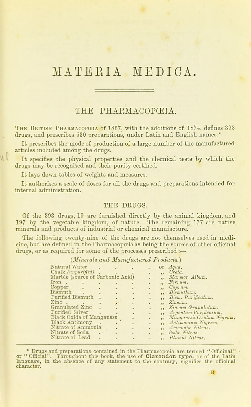 MATEKIA MEDICA THE PHAEMACOPCEIA. The British Phariiagopcel\. of 1867, vdth. the additions of 1874, defines 393 drugs, and prescribes 530 preparations, under Latin and English names.* It prescribes the mode of production of a large number of the manufactured articles included among the drugs. It specifies the physical properties and the chemical tests by which the drugs may be recognised and their purity certified. It lays down tables of weights and measures. It authorises a scale of doses for all the drugs and preparations intended for internal administration. THE DRUGS. Of the 393 drugs, 19 are furnished directly by the animal kingdom, and 197 by the vegetable kingdom, of nature. The remaining 177 are native minerals and products of industrial or chemical manufacture. The following twenty-nine of the drugs are not themselves used in medi- cine, but are defined in the Pharmacopoeia as being the source of other officinal drugs, or as required for some of the processes prescribed :— (Minerals and Manufactured Products.) Katnral Water Chalk (iiii)iiirififir!) . llarble (source of Carbonic Acid) Iron .... Copper Bismuth Purified Bismuth . Zinc . . . >- Granulated Zinc Purified Silver Black Oxide of i[anganese Black Antimony Nitrate of Ammonia Nitrate of Soda Nitrate of Lead or Aqua. ,, Creta. ,, Marmor Album. l''crrum. ,, Cuprum. ,, liiymuthitm. „ llifin. Purificatum. ,, Zincum. ,, Zincum Granulalum. ,, ytrr/enlum I'nnfvatum. ,, 3Iiinffatii'Kii Oxiiluiit Nigrum. ,, Aiilimonium Nigrum. ,, Amiiionifp Nilras. ,, fiodw Nitrim. ,, I'lumhi Nitrat. * Drue's and preparations contained in the Pharmacf pocia are termed Officinal or Official. Throut'hont this book, the use of Clarendon type, or of tliC Latin lansruajre, in the absence of any statement to the contrary, signifies the officinal character.