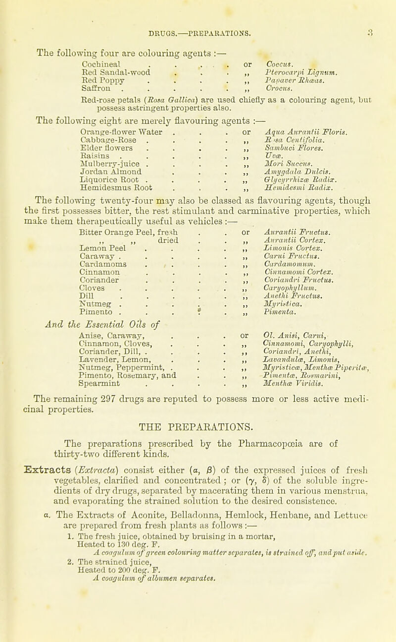 Coccus. Vterocarpi Lignum. Pnpaver Jiliieas. Crocus. The following four are colouring ageute :— Cochineal . . . . or Red Sandal-wood . . • ,> Red Poppy . . . . ,. Saffrou ...... Red-rose petals (Eosa Gallica) are used chiefly as a colouring agent, but possess astringent properties also. The following eight are merely flavouring agents :— Orange-flower Water . . .or Cabbage-Rose . Elder flowers Raisins Mulberry-juice . Jordan Almond Liquorice Root . Hemidesmus Root The following twenty-four may Aqua Aufanfii Floris. It 'sa Ceniifolia. Sambuci Flores. TJccB. 2Iori Succns. Amygdala Dulcis. Gli/ci/vrhizcE Eadix. Semidesmi Radix. also be classed as flavouring agents, though the first possesses bitter, the rest stimulant and carminative properties, Avhich make them therapeutically useful as vehicles : Bitter Orange Peel, fresh dried Lemon Peel Caraway . Cardamoms Cinnamon Coriander Clo%-es Dill Kutmeg . Pimento . And the Essential Oils of Anise, Caraway, Cinnamon, Cloves, Coriander, Dill, . Lavender, Lemon, Nutmeg, Peppermint, Pimento, Rosemary, and Spearmint or or Aurantii Fructus. Aurantii Cortex. Limonis Cortex. Carui Fructus. Cardamomum. Cinnamomi Cortex. Coriandri Fructus. Curgopliglluin. Anethi Fructus. Ulijris-tica, Fimenta. 01. Anisi, Carui, Cinnamomi^ Cargophylli, Coriandri, Anethi, Lavandula, Limonis, MyristiccB, MentluE Piperita-, Fimentce, Funmarini, Menthce Viridis. The remaining 297 drugs are reputed to possess more or less active medi- cinal properties. THE PREPARATIONS. The preparations prescribed by the Pharmacopoiia are of thirty-two different kinds. Extracts (Bxtracta) consist either (a, /3) of the expressed juices of fresh vegetables, clarified and concentrated ; or (7, 5) of the soluble ingi-e- dients of dry drugs, separated by macerating them in various menstrua, and evaporating the strained solution to the desired consistence. o. The Extracts of Aconite, Belladonna, Hemlock, Henbane, and Lettuce are prepared from fresh plants as follows :— 1. The fresh juice, obtained by bruising in a mortar. Heated to 130 dog. F. A congulum of green colouring matter separatee, is strained ojf, and put atide. 2. The strained juice, Heated to 200 deg. F. A coagulum of albumen separates.