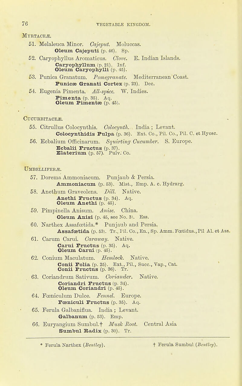 MYETACEiE. 51. Melaleuca Minor. Cajeput. Moluccas. Oleum Cajeputi (p. 46). Sp. 52. Caryopliyllus Aromaticus. Clove. E. Indian Islands. Caryophyllum (p. 21). Inf. Oleum Caryophylli (p. 45). 53. Punica Granatum. Pomegranate. Mediterranean Coast. Punics3 Graaati Cortex (p. 23). Dec. 54. Eugenia Pimenta. AU-spice. W. Indies. Pimenta (p. 35). Aq. Oleum Pimentas (p. 45). CuOURBITACEiE. 65. Citrullus Colocynthis. Colocynth. India ; Levant. Colocynthidis Pulpa (p. 36). Ext. Co., Pil. Co., Pil. C. et Hyosc. 56. Ecbalium Officinarum. Squirting Cucumber. S. Europe. Ecbalii Pructiis (p. 37). Elaterium (p. 57). Pulv. Co. UMBELLIFERiE. 57. Dorema Ammoniacum. Punjaub & Persia. Ammoniacum (p. 53). Mist., Ernp. A., c. Hydrarg. 58. Anetliuni Graveolens. Dill. Native. AnetM Pructus (p. 34). Aq. Oleum AuetM (p. 45). 59. Pimpinella Anisum. Anise. China. Oleum Auisi (p. 45, see No. 3). Ess. 60. Nartliex Assafoetida.* Punjaub and Persia. Assafoetida (p. 53). Tr., I-il. Co., En., Sp. Amm. FcEtidus.,Pil Al. et Ass. 61. Carum Carui. Caraway. Native. Carui Pructus (p. 35). Aq. Oleum Carui (p. 45). 62. Conium Maculatum. Hemlock. Native. Conii Polia (p. 25). Ext., Pil., Succ, Vap., Cat. Conii Pructus (p. 36). Tr. 63. Coriandrtim Sativum. Coriander. Native. Coriaudri Pructus (p. 34). Oleum Coriaudri (p. 45). 64. Foeniculum Dulce. Fennd. Europe. Pceniculi Pructus (p. 35). Aq. 65. Ferula Galbaniflua. India ; Levant. G-albauum (p. 53). Emp. 66. Euryangium Sumbul.t Mush Root. Central Asia Sumbul Radix (p. 30). Tr. * Eerula Narthex {Bentley). t Eerula Sumbul [Bcjitley).