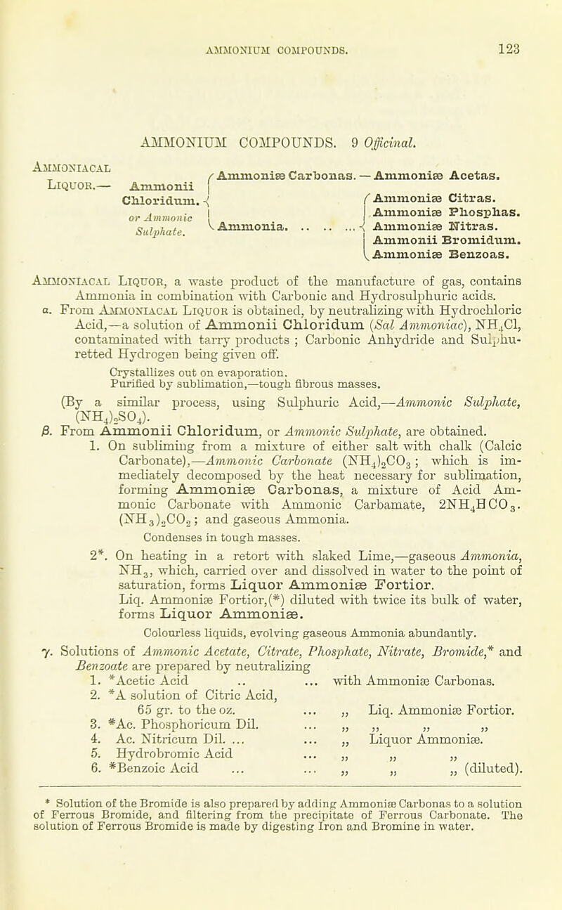 AMMONIUM COMPOUNDS. 9 Officinal. Ammoniacal . . „ , „ - « J / Ammomse Carljouas. — Aniniouise Acetas Liquor.— Ammonii j Chloi-idiuii. ^ ( Aimnonias Citras or Ammoiiic Sulphate. i Ammonise Phosphas. V Ammonia ■{ Ammonise Nitras. Ammonii Bromidtim. V Ammonias Benzoas. Ammoniacal Liquor, a -waste product of the manufactiTre of gas, contains Ammonia in combination vnth Carbonic and Hydrosulphuric acids. a. From Ammoniacal Liquor is obtained, by neutralizing with. Hydrochloric Acid,—a solution of Ammonii Ch.lorid.um {Sal Ammoniac), NH4CI, contaminated ^vith tarry products ; Carbonic Anhydi'ide and Sui|)hu- retted Hydi'ogen being given off. Crystallizes out on evaporation. Ptulfied by sublimation,—tough fibrous masses. (By a similar process, using Sulphuric Acid,—Ammonic Sulphate, (NH,),SO,). /3. From Ammonii Chloridum, or Ammonic Sulphate, are obtained. 1. On subliming from a mixture of either salt with chalk (Calcic Carbonate),—Ammonic Carbonate (NHjjoCOg ; which is im- mediately decomposed by the heat necessary for sublimation, forming Ammonise Carbonas, a mixture of Acid Am- monic Carbonate with Ammonic Carbamate, 2NH4HCO3. (NH3)2C02; and gaseous Ammonia. Condenses in tough masses. 2*. On heating in a retort with slaked Lime,—gaseoxis Ammonia, NH3, which, carried over and dissolved in water to the point of saturation, forms Liiquor Ammonias Fortior. Liq. Ammonise Fortior,(*) diluted with twice its bulk of water, forms Liquor Ammonias. Colourless liquids, evolving gaseous Ammonia abundantly. 7. Solutions of Ammonic Acetate, Citrate, Phosphate, Nitrate, Bromide,* and Benzoate are prepared by neutrahzing 1. * Acetic Acid .. ... with Ammonite Carbonas. 2. *A solution of Citric Acid, 65 gr. to theoz. ... „ Liq. Ammonise Fortior. 3. *Ac. Phosphoricum Dil. ... „ ,, „ „ 4. Ac. Nitricum Dil. ... ... „ Liquor Ammonice. 5. Hydrobromic Acid ... „ „ „ 6. *Benzoic Acid ... ... „ „ „ (diluted). * Solution of the Bromide is also prepared by adding Ammonite Carbonas to a solution of Ferrous Bromide, and filtering from the precipitate of Ferrous Carbonate. The solution of Ferrous Bromide is made by digesting Iron and Bromine in water.