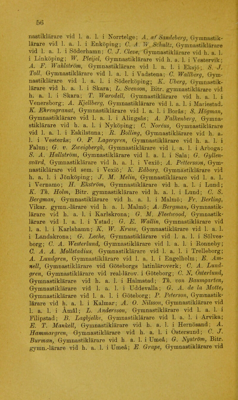 nastiklärare vid 1. a. 1. i Norrtelge; Ä. af Sandeherg, Gymnastik- lärare vid L a. 1. i Enköping; C. A Vy. Schultz, Gymnastiklärare vid 1. a. 1. i Söderhamn; C. J. Cleve, Gymnastiklärare vid h. a. L i Linköping; W. Pleijel Gymnastiklärare vid h. a. 1. i Vestervik; Ä. F. Wahlström, Gymnastiklärare vid 1. a. 1. i Eksjö; S. J. Toll, Gymnastiklärare vid 1. a. 1. i Vadstena; C. Wallberg, Gym- nastiklärare vid 1. a. 1. i Söderköping; K. TJherg, Gymnastik- lärare vid h. a. 1. i Skara; L. Svenson, Bitr. gymnastiklärare vid h. a. 1. i Skara; T. Warodell, Gymnastiklärare vid h. a. 1. i Venersborg; A. Kjellberg, Gymnastiklärare vid 1. a. 1. i Mariestad, K. Ehrengranat, Gymnastiklärare vid 1. a. 1. i Borås; S. Högman, Gymnastiklärare vid 1. a. 1. i Alingsås; A. Falkenberg, Gymna- stiklärare vid h. a. 1. i Nyköping; G. Noréns, Gymnastiklärare vid 1. a. 1. i Eskilstuna; R. JBolUng, Gymnastiklärare vid h. a. 1. i Vesterås; O. F. Lagergren, Gymnastiklärare vid h. a. 1, i Falun; G. v. Zweigbergk, Gymnastiklärare vid I. a. 1. i Arboga; S. A. Hallström, Gymnastiklärare vid 1. a. 1. i Sala; G. Gyllen- svärd, Gymnastiklärare vid h. a. 1. i Vexiö; A. Pettersson, Gym- nastiklärare vid sem. i Vexiö; K. Edborg, Gymnastiklärare vid h. a. 1. i Jönköping; J. M. Melin, Gymnastiklärare vid 1. a. 1. i Vernamo; H. Ekström, Gymnastiklärare vid h. a. 1. i Lund; K. Th. Holm, Bitr. gymnastiklärare vid h. a. 1. i Lund; C. S. Bergman, Gymnastiklärare vid h. a. 1. i Malmö; Fr. Berling, Vikar, gymn.-lärare vid h. a. 1. Malmö; A. Bergman, Gymnastik- lärare vid h. a. 1. i Karlskrona; G. M. Fleetivood, Gymnastik- lärare vid 1. a. 1. i Ystad; G. E. Wallin^ Gymnastiklärare vid 1. a. 1. i Karlshamn; K. W. Kruse, Gymnastiklärare vid 1. a. 1. i Landskrona; G, Leche, Gymnastiklärare vid 1. a. 1. i Sölves- borg; C. A. Westerlund, Gymnastiklärare vid 1, a. 1. i Ronneby; C. A. A. Mollstadius^ Gymnastiklärare vid 1. a. 1. i Trelleborg; A. Lundgren, Gymnastiklärare vid 1. a. 1. i Engelholm; E. Am- nell, Gymnastiklärare vid Göteborgs latinläroverk; C. A. Lund- gren, Gymnastiklärare vid real-lärov. i Göteborg; C. N. Österlund, Gymnastiklärare vid h. a. 1. i Halmstad; Th. von Baumgarten, Gymnastiklärare vid 1. a. 1, i Uddevalla; G. A. de la Mötte, Gymnastiklärare vid 1. a. 1. i Göteborg; P. Peterson, Gymnastik- lärare vid h. a. 1. i Kalmar; A. O. Nilsson, Gymnastiklärare vid 1. a. 1. i Åmål; L. Andersson, Gymnastiklärare vid 1. a. 1. i Eilipstad; B. Lagbjelke, Gymnastiklärare vid 1. a. 1. i Arvika; E. T. Mankell, Gymnastiklärare vid h. a. 1. i Hernösand; A. Hammargren, Gymnastiklärare vid h. a. 1. i Östersund; C. J. Burman, Gymnastiklärare vid b a. 1. i Umeå; G. Nyström, Bitr. gymn.-lärare vid h. a. 1. i Umeå; E Grape, Gymnastiklärare vid