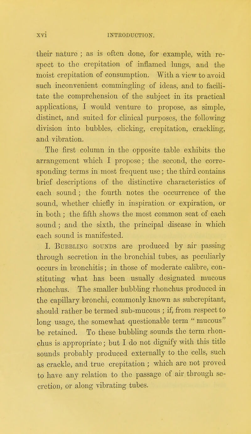 their nature ; as is often done, for example, with re- spect to the crepitation of inflamed lungs, and the moist crepitation of consumption. With a view to avoid such iuconvenient commingling of ideas, and to facili- tate the comprehension of the subject in its practical applications, I would venture to propose, as simple, distinct, and suited for clinical purposes, the following division into bubbles, clicking, crepitation, crackling, and vibration. The first column in the opposite table exhibits the arrangement which I propose; the second, the corre- sponding terms in most frequent use; the third contains brief descriptions of the distinctive characteristics of each sound; the fourth notes the occurrence of the sound, whether chiefly in inspiration or expiration, or in both; the fifth shows the most common seat of each sound; and the sixth, the principal disease in which each sound is manifested. I. Bubbling sounds are produced by air passing through secretion in the bronchial tubes, as peculiarly occurs in bronchitis; in those of moderate calibre, con- stituting what has been usually designated mucous rhonchus. The smaller bubbling rhonchus produced in the capillary bronchi, commonly known as subcrepitant, should rather be termed sub-mucous ; if, from respect to long usage, the somewhat questionable term  mucous be retained. To these bubbhng sounds the term rhon- chus is appropriate; but I do not dignify with this title sounds probably produced externally to the cells, such as crackle, and true crepitation ; which are not proved to have any relation to the passage of air through se- cretion, or along vibrating tubes.