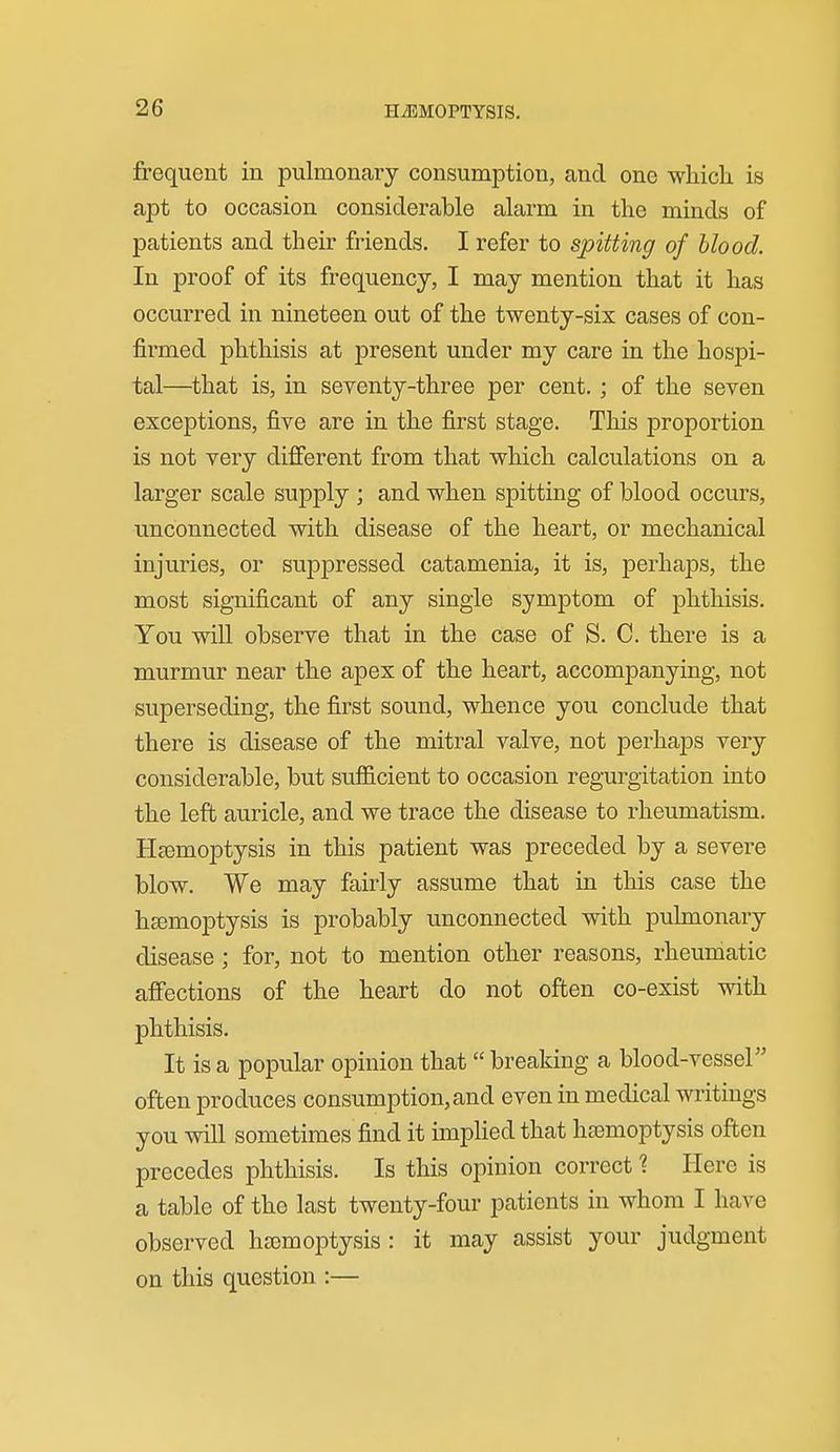 frequent in pulmonary consumption, and one which is apt to occasion considerable alarm in the minds of patients and their friends. I refer to spitting of blood. In proof of its frequency, I may mention that it has occurred in nineteen out of the twenty-six cases of con- firmed phthisis at present under my care in the hospi- tal—that is, in seventy-three per cent.; of the seven exceptions, five are in the first stage. This proportion is not very different from that which calculations on a larger scale supply ; and when spitting of blood occurs, unconnected with disease of the heart, or mechanical injuries, or suppressed catamenia, it is, perhaps, the most significant of any single symptom of phthisis. You will observe that in the case of S. C. there is a murmur near the apex of the heart, accompanying, not superseding, the first sound, whence you conclude that there is disease of the mitral valve, not perhaps very considerable, but sufficient to occasion regurgitation into the left auricle, and we trace the disease to rheumatism. Haemoptysis in this patient was preceded by a severe blow. We may fairly assume that in this case the hsemoptysis is probably unconnected with pulmonary disease ; for, not to mention other reasons, rheumatic affections of the heart do not often co-exist with phthisis. It is a popular opinion that breaking a blood-vessel often produces consumption, and even in medical writings you will sometimes find it impHed that htemoptysis often precedes phthisis. Is this opinion correct 1 Here is a table of the last twenty-four patients in whom I have observed hsemoptysis: ft may assist your judgment on this question :—