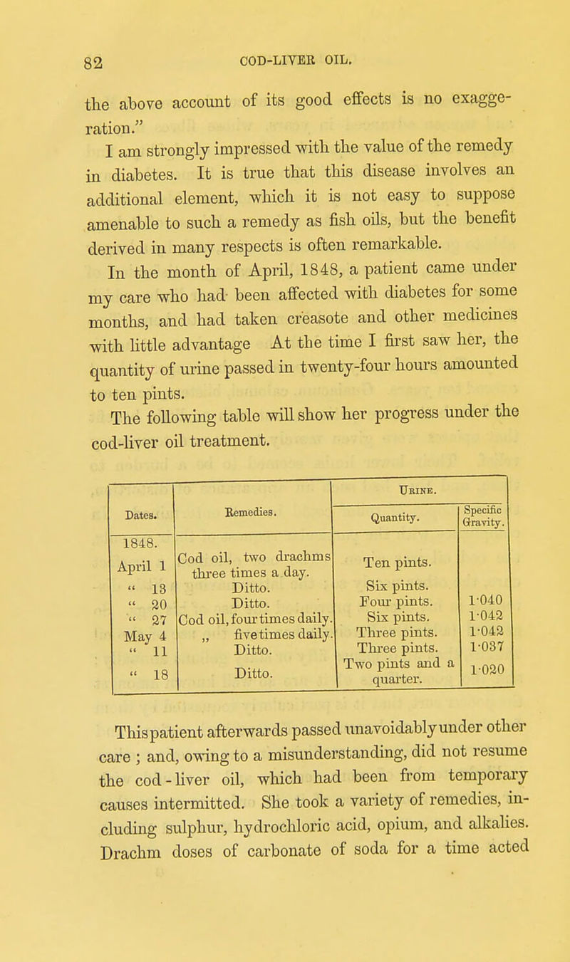 the above account of its good effects is no exagge- ration. I am strongly impressed witli the value of the remedy in diabetes. It is true that this disease involves an additional element, which it is not easy to suppose amenable to such a remedy as fish oils, but the benefit derived in many respects is often remarkable. In the month of April, 1848, a patient came under my care who had- been affected with diabetes for some months, and had taken creasote and other medicines with httle advantage At the time I first saw her, the quantity of urine passed in twenty-four hours amounted to ten pints. The following table will show her progress under the cod-liver oil treatment. Dates. Bemedies. Urine. Quantity. Specific Gravity. 1848. April 1  13  20  27 May 4  11  18 Cod oil, two drachms three times a day. Ditto. Ditto. Cod oil, four times daily. „ five times daily. Ditto. Ditto. Ten pints. Six pints. Four pints. Six pints. Three pints. Three pints. Two pints and a quarter. 1-040 1-042 1-042 1-037 1-020 Thispatient afterwards passed unavoidably under other care ; and, owing to a misunderstanding, did not resume the cod-liver oil, which had been from temporary causes intermitted. She took a variety of remedies, in- cluding sulphur, hydrochloric acid, opium, and alkaUes. Drachm doses of carbonate of soda for a time acted