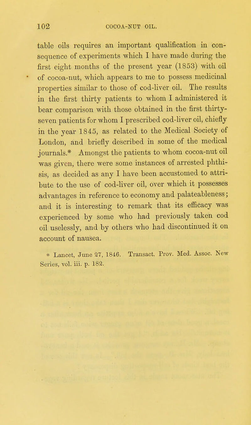 table oils requires an important qualification in con- sequence of experiments which I have made during the first eight months of the present year (1853) -with oil of cocoa-nut, which appears to me to possess medicinal properties similar to those of cod-hver oil. The results in the first thirty patients to whom I administered it bear comparison with those obtained in the first thirty- seven patients for whom I prescribed cod-hver oil, chiefly in the year 1845, as related to the Medical Society of London, and briefly described in some of the medical journals.* Amongst the patients to whom cocoa-nut oil was given, there were some instances of arrested phthi- sis, as decided as any I have been accustomed to attri- bute to the use of cod-liver oil, over which it possesses advantages in reference to economy and palateableness; and it is interesting to remark that its efl&cacy was experienced by some who had previously taken cod oil uselessly, and by others who had discontinued it on account of nausea. * Lancet, June Q7, 1846. Transact. Prov. Med. Assoc. New Series, vol. iii. p. 182.