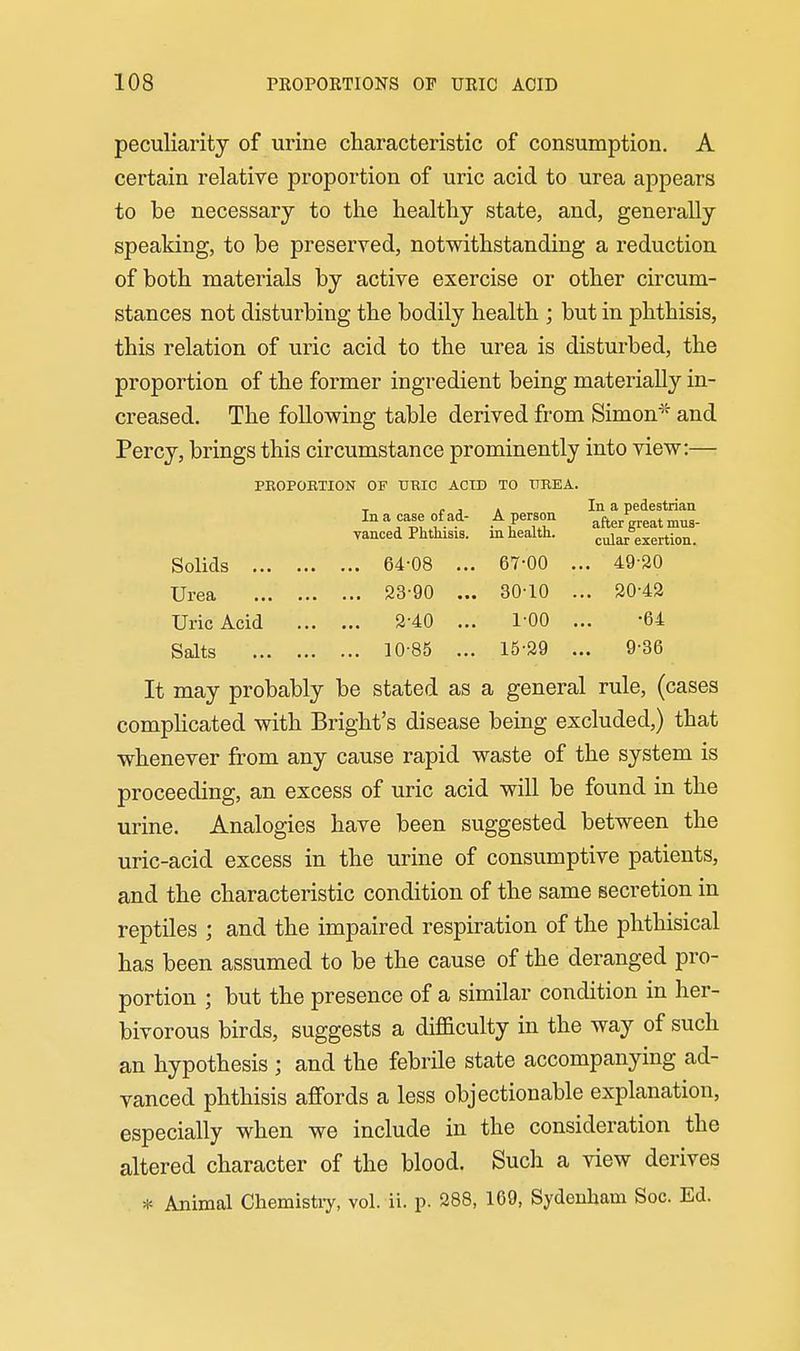 peculiarity of urine characteristic of consumption. A certain relative proportion of uric acid to urea appears to be necessary to the healthy state, and, generally speaking, to be preserved, notwithstanding a reduction of both materials by active exercise or other circum- stances not disturbing the bodily health ; but in phthisis, this relation of uric acid to the urea is disturbed, the proportion of the former ingredient being materially in- creased. The following table derived from Simon^^ and Percy, brings this circumstance prominently into view:— PBOPOETION OF TJTIIC ACID TO TTREA. In a case of ad- vanced Phthisis. A person in health. In a pedestrian after great mus- cular exertion. Solids . ... 64-08 ... 67-00 ... 49-20 Urea ... 23-90 ... 30-10 ... 20-42 Uric Acid . ... 2-40 ... 1-00 •64 Salts . ... 10-85 ... 15-29 ... 9-36 It may probably be stated as a general rule, (cases complicated with Bright's disease being excluded,) that whenever from any cause rapid waste of the system is proceeding, an excess of uric acid will be found in the urine. Analogies have been suggested between the uric-acid excess in the urine of consumptive patients, and the characteristic condition of the same secretion in reptiles ; and the impaired respiration of the phthisical has been assumed to be the cause of the deranged pro- portion ; but the presence of a similar condition in her- bivorous birds, suggests a difficulty in the way of such an hypothesis ; and the febrile state accompanying ad- vanced phthisis affords a less objectionable explanation, especially when we include in the consideration the altered character of the blood. Such a view derives * Animal Chemistiy, vol. ii. p. 288, 169, Sydenham See. Ed.