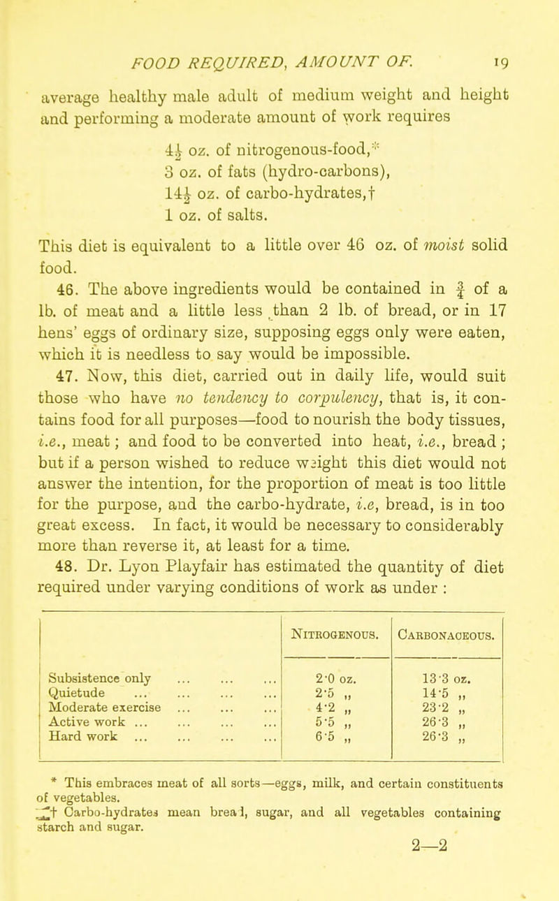 caverage healthy male adult of medium weight and height and performing a moderate amount of work requires oz. of nitrogenous-food,* 3 oz. of fats (hydro-carbons), li^ oz. of carbo-hydrates,! 1 oz. of salts. This diet is equivalent to a little over 46 oz. of moist solid food. 46. The above ingredients would be contained in | of a lb. of meat and a little less than 2 lb. of bread, or in 17 hens' eggs of ordinary size, supposing eggs only were eaten, which it is needless to say would be impossible. 47. Now, this diet, carried out in daily life, would suit those who have no tendency to corpulency, that is, it con- tains food for all purposes—food to nourish the body tissues, i.e., meat; and food to be converted into heat, i.e., bread ; but if a person wished to reduce waight this diet would not answer the intention, for the proportion of meat is too little for the purpose, and the carbo-hydrate, i.e, bread, is in too great excess. In fact, it would be necessary to considerably more than reverse it, at least for a time. 48. Dr. Lyon Playfair has estimated the quantity of diet required under varying conditions of work as under : Nitrogenous. Cabbonaoeous. Subsistence only 2-0 oz. 13-3 oz. Quietude 2'5 „ 14-5 „ Moderate exercise ... 4-2 „ 23-2 „ Active work ... 5-5 „ 26-3 „ Hard work 6-5 „ 26-3 „ * This embraces meat of all sorts—eggs, mUk, and certain constituents of vegetables. '.^i Carbo-hydrates mean breal, sugar, and all vegetables containing starch and .sugar. 2—2