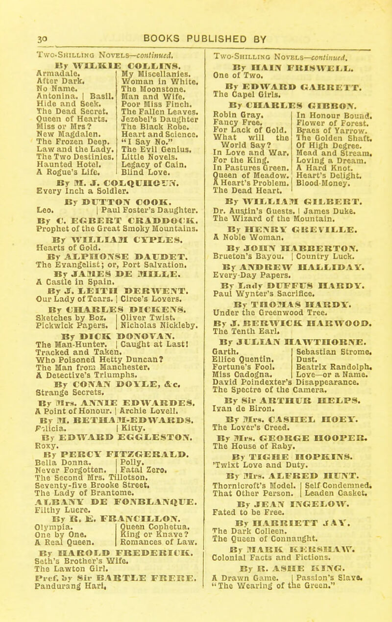 Two.Shilling Novels—continued. By W1XK1£ COI^IillVS. Armadale. After Dark. No Name. Antonina. | Basil. Hide and Seek. The Dead Secret. Queen of Hearts. Miss or Mrs? New Magdalen. The Frozen Deep. Law and the Lady. The Two Destinies. Haunted Hotel. A Rogue's Life. My Miscellanies. Woman in White. The Moonstone. Man and Wife. Poor Miss Finch. The Fallen Leaves. Jezebel's Daughter The Black Robe. Heart and Science. I Say No. The Evil Genius. Little Novels. Legacy of Cain. Blind Love. By M. jr. cor,QiiMOurir. Every Inch a Soldier. Leo. By BUTTOIV COOK. I Paul Foster's Daughter. By C;. SOBKRT CRABBOCK. Prophet of the Great Smoky Mountains. By C'YPIiES. Hearts of Gold. By AXPSIOWSE BAUBET. The Evangelist; or, Port Salvation. By JTABIES BE imi^I^E. A Castle in Spain. By JJ^. I.EIXII BERM^EIVT. Our Lady of Tears. 1 Circe's Lovers. By DSARIiES BICKEIVS. Sketches by Boz. I Oliver Twist. Pickwick Papers. | Nicholas Nickleby. By BICK BONOVAIV. The Man-Hunter. | Caught at Last I Tracked and Taken. Who Poisoned Hetty Duncan? The Man frora Manchester. A Detective's Triumphs. By COIVAN BOVr.E, Ac. Strange Secrets. By Itlrs. AINTVIE EBWARBES. A Point of Honour. | Archie Lovell, By M. BETHAItl-EBWAKBS. F'Aicia.. I Kitty. By EBWABB EGGIiESTOX. Eoxy. By PERCY FITZGERAt,». Bella Donna. I Polly. Never Forgotten. | Fatal Zero. The Second Mrs. Tillotson. Seventy-five Brooke Street. The Lady of Brantome. Af.BAIVY BE EONBIiAIVQlTE. Filthy Lucre. By R. JB:. FKAIVCn.E01V. Olympia. One by One. & Real Queen. Queen Cophetua. King or Knave? Romances of Law. By IIAROLB FREBERICK. Seth's Brother's Wife. The Lawton Girl. fl»nf. !»y Sit- BARTrE FRERE. Paudurang Hari, Two-Shilling I^ovels—continued. By IIAIX FBJtSWEI.L. One of Two. By EBWARB GARRETT. The Capel Girls. By CIXAREES OIBBOIV. Robin Gray. Fancy Free. For Lack of Gold. What will the World Say? In Love and War. For the King. In Pastures Green. Queen of Meadow. A Heart's Problem. The Dead Heart. In Honour Bound. Flower of Forest. Bfaes of Yarrow. Ihe Golden Shaft. Of High Degree. Mead and Stream, Loving a Dream. A Hard Knot. Heart's Delight. Blood-Money. By Wir,IiIAM GILrBERT. Dr. Austin's Guests. I James Duke. The Wizard of the Mountain. By HEIVRV OUEVIEEE. A Noble Woman. By .TOUIV lEABBERTON^. Brueton's Bayou. { Country Luck. B}- AlVBREW MAJLtilBAV. Every-Day Papers. By Ea»1y BUFFrS IIARDV. Paul Wynter's Sacrifice. By TBOaiAS IIABBY. Under tlie Greenwood Tree. By jr. BERWICK. IIARWOOD. The Tenth Earl. By JUIilAIV IIAWTHORIVE. Garth. Sebastian Strome. Elllce Quentin. Dust. Fortune's Fool. Beatrix Randolph, Miss Cadogna. Love—or a Name. David Poindexter's Disappearajice. The Spectre of the Camera. By Sir ARTn:(JR IIEEPS. Ivan de Biron. By JIMxs. CASHEIi IIOEY. The Lover's Creed. By Mis. GEORGE HOOPER. The House of Raby. By TIGBE HOPKINS. 'Twixt Love and Duty. By flii-s. AEFREB HnVT. Thornicroft's Model. I Self Condemned. That Other Person. | Leaden Casket. By JEAN INGEtiOW. Fated to be Free. By HARRIETT JAY. The Dark Colleen. The Queen of Connanght. By MARK ISERSH-VAr. Colonial Facts and Fictions. By R. ASHE KING. A Drawn Game. I Passion's Slave.  The Wearing of tne Green.