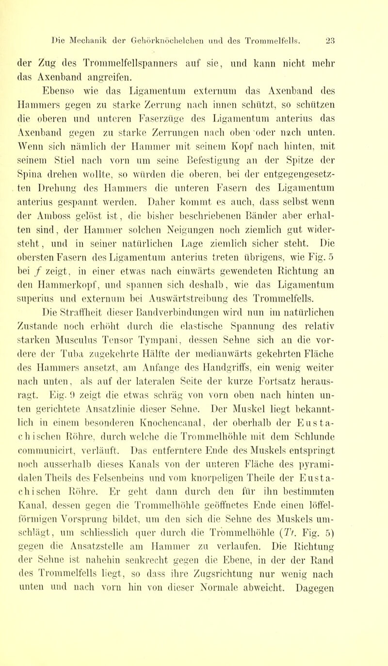 der Zug des Trömmelfellspanners auf sie, und kann nicht mehr das Axenband angreifen. Ebenso wie das Ligamentum externum das Axenband des Hammers gegen zu starke. Zerrung nach innen schützt, so schützen die oberen und unteren Faserzüge des Ligamentum anterius das Axenband gegen zu starke Zerrungen nach oben oder nach unten. Wenn sich nämlich der Hammer mit seinem Kopf nach hinten, mit seinem Stiel nach vorn um seine Befestigung an der Spitze der Spina drehen wollte, so würden die oberen, bei der entgegengesetz- ten Drehung des Hammers die unteren Fasern des Ligamentum anterius gespannt werden. Daher kommt es auch, dass selbst wenn der Amboss gelöst ist, die bisher beschriebenen Bänder aber erhal- ten sind, der Hammer solchen Neigungen noch ziemlich gut wider- steht , und in seiner natürlichen Lage ziemlich sicher steht. Die obersten Fasern des Ligamentum anterius treten übrigens, wie Fig. 5 bei / zeigt, in einer etwas nach einwärts gewendeten Richtung an den Hammerkopf, und spannen sich deshalb, wie das Ligamentum superius und externum bei Auswärtstreibung des Trommelfells. Die Straffheit dieser Bandverbindungen wird nun im natürlichen Zustande noch erhöht durch die elastische Spannung des relativ starken Musculus Tensor Tympani, dessen Sehne sich an die vor- dere der Tuba zugekehrte Hälfte der medianwärts gekehrten Fläche des Hammers ansetzt, am Anfange des Handgriffs, ein wenig weiter nach unten, als auf der lateralen Seite der kurze Fortsatz heraus- ragt. Eig. 9 zeigt die etwas schräg von vorn oben nach hinten un- ten gerichtete Ansatzlinie dieser Sehne. Der Muskel liegt bekannt- lich in einem besonderen Knochencanal, der oberhalb der Eusta- chischen Röhre, durchweiche die Trommelhöhle mit dem Schlünde communicirt, verläuft. Das entferntere Ende des Muskels entspringt noch ausserhalb dieses Kanals von der unteren Fläche des pyrami- dalen Theils des Felsenbeins und vom knorpeligen Theile der Eusta- chischen Röhre. Er geht dann durch den für ihn bestimmten Kanal, dessen gegen die Trommelhöhle geöffnetes Ende einen löffei- förmigen Vorsprung bildet, um deu sich die Sehne des Muskels um- schlägt, um schliesslich quer durch die Trommelhöhle (77. Fig. 5) gegen die Ansatzstelle am Hammer zu verlaufen. Die Richtung der Sehne ist nahehin senkrecht gegen die Ebene, in der der Rand des Trommelfells liegt, so dass ihre Zugsrichtung nur wenig nach unten und nach vorn hin von dieser Normale abweicht. Dagegen