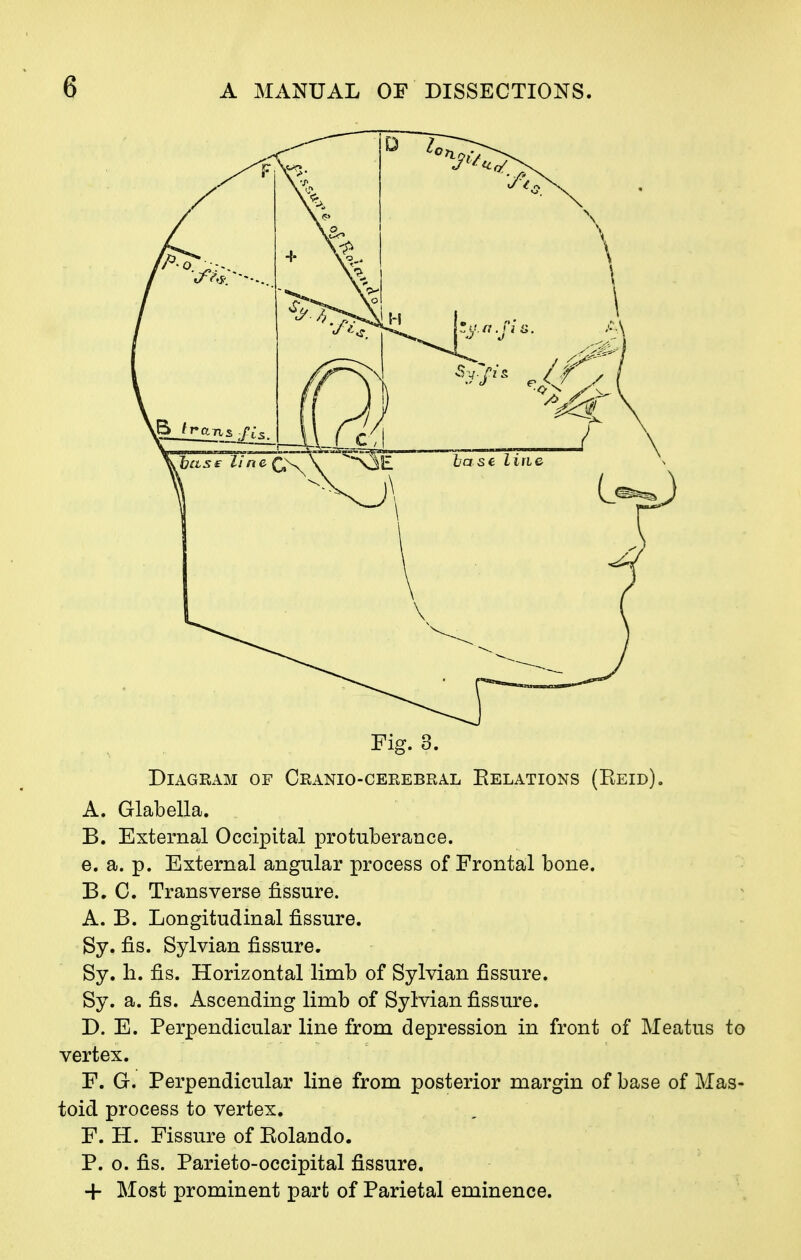 Fig. 3. Diagram of Craniocerebral Relations (Reid). A. Glabella. B. External Occipital protuberance. e. a. p. External angular process of Frontal bone. B. C. Transverse fissure. A. B. Longitudinal fissure. By. fis. Sylvian fissure. Sy. h. fis. Horizontal limb of Sylvian fissure. Sy. a. fis. Ascending limb of Sylvian fissure. D. E. Perpendicular line from depression in front of Meatus to vertex. F. G. Perpendicular line from posterior margin of base of Mas- toid process to vertex. F. H. Fissure of Rolando. P. o. fis. Parieto-occipital fissure. + Most prominent part of Parietal eminence.