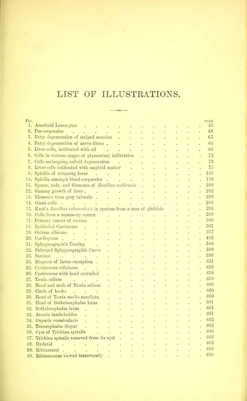 LIST OF ILLUSTRATIONS. Fig. 1. Amoeboid Leucocytes 2. Pus-corpnscles .... 3. Fatty degeneration of striped muscles 4. Fatty degeneration of nerve-fibres . 5. Liver-cells, infiltrated with oil 6. Cells in various stages of pigmentary infiltration 7. Cells undei'going colloid degeneration 8. Liver-cells infiltrated with amyloid matter 9. Spirilla of relapsing fever 10. Spirilla amongst blood-corpuscles 11. Spores, rods, and filaments of Bacillus anthracis 12. Gummy growth of liver . 13. Elements from grey tubercle . 14. Giant-cells ..... 16. Cells from a mammary cancer 17. Primary cancer of rectum IS, Epithelial Carcinoma 19. Oidium albicans 20. Cardiogram . 21. Sphygmographic Tracing 22. Enlarged Sphygmographic Cur 23. Sarcina3 24. Diagram of Intus-susception 25. Cysticercus cellulosus 26. Cysticercus with head extruded 27. Tgenia solium 28. Head and neck of Ttenia solium 29. Circle of hooks . 30. Head of Tienia medio-canellata 31. Head of Bothriocephalus latus 32. Bothriocephalus latus 33. Ascaris lumbricoides 34. Oxyuris vcrmicularis 35. Tricocephalus dispar 36. Cyst of Trichina spiralis 37. Trichina spiralis removed from its cyst 38. Hydatid 39. Ecbinococci . 40. Echinococcus viewed transversely