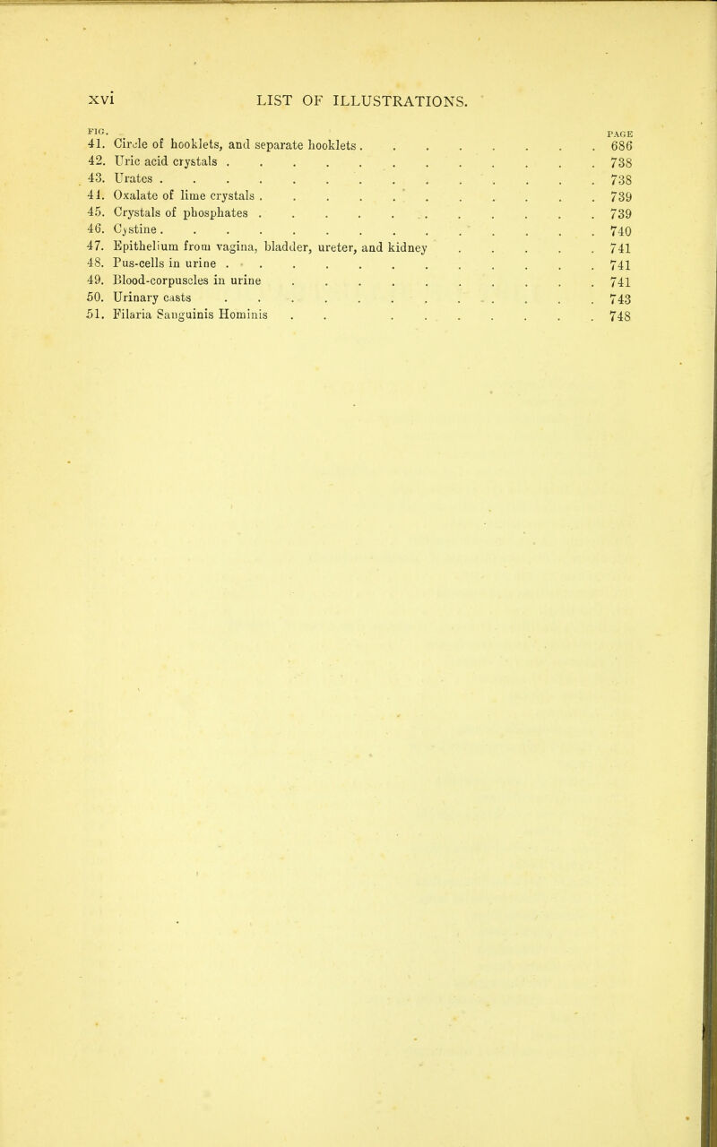 FIG. PAGE 4L Circle of booklets, and separate booklets 686 42. Uric acid crystals 738 43. Urates 738 41. Oxalate of lime crystals  739 46. Crystals of phosphates 739 46. Cystine.............. 740 47. Epithelium from vagina, bladder, ureter, and kidney ..... 741 48. Pus-cells in urine ............ 741 49. Blood-corpuscles in urine .......... 741 50. Urinary casts . . . . . . . ... . . . 743 51. Filaria Sanguinis Hominis . . ....... 748