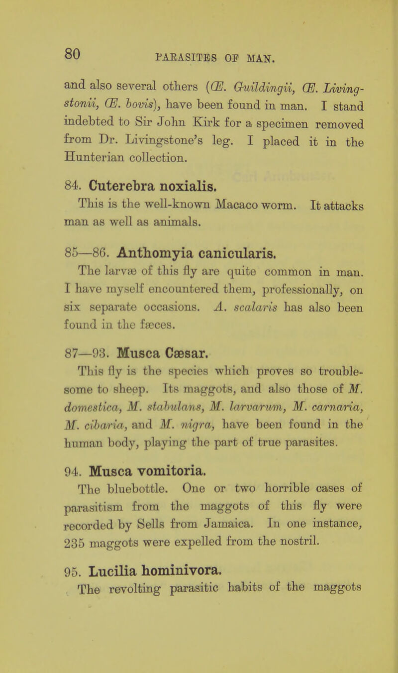 and also several others [CE. Guildingii, (E. Living- stonii, (E. hovis), have been found in man. I stand indebted to Sir John Kirk for a specimen removed from Dr. Livingstone's leg. I placed it in the Hunterian collection. 84. Cuterebra noxialis. This is the well-known Macaco worm. It attacks man as well as animals. 85—8G. Anthomyia canicularis. The larvae of this fly are quite common in man. I have myself encountered them, professionally, on six separate occasions. A. scalaris has also been found in the ffrces. 87—93. Musca Caesar. This fly is the species which proves so trouble- some to sheep. Its maggots, and also those of M. dowestica, M. stalndans, M. larvaruvi, M. carnaria, M. ciharm, and M. nigra, have been found in the human body, playing the part of true parasites. 94. Musca vomitoria. The bluebottle. One or two horrible cases of parasitism from the maggots of this fly were recorded by Sells from Jamaica. In one instance, 235 maggots were expelled from the nostril. 95. Lucilia hominivora. The revolting parasitic habits of the maggots