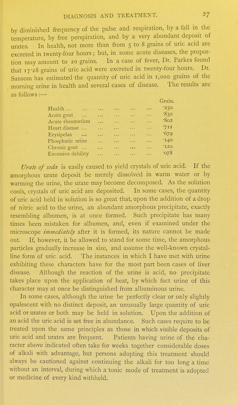 by diminished frequency of the pulse and respiration, by a fall in the temperature, by free perspiration, and by a very abundant deposit of urates. In health, not more than from 5 to 8 grains of uric acid are excreted in twenty-four hours; but, in some acute diseases, the propor- tion may amount to 20 grains. In a case of fever, Dr. Parkes found that 17-28 grains of uric acid were excreted in twenty-four hours. Dr. Sansom has estimated the quantity of uric acid in 1,000 grains of the morning urine in health and several cases of disease. The results are as follows :— Grain. Health 250 Acute gout -830 Acute rheumatism -802 Heart disease 7 Erysipelas -679 Phosphatic urine '140 Chronic gout ... •120 Excessive debility -078 Urate of soda is easily caused to yield crystals of uric acid. If the amorphous urate deposit be merely dissolved in warm water or by warming the urine, the urate may become decomposed. As the solution cools, crystals of uric acid are deposited. In some cases, the quantity of uric acid held in solution is so great that, upon the addition of a drop of nitric acid to the urine, an abundant amorphous precipitate, exactly resembling albumen, is at once formed. Such precipitate has many times been mistaken for albumen, and, even if examined under the microscope immediately after it is formed, its nature cannot be made out. If, however, it be allowed to stand for some time, the amorphous particles gradually increase in size, and assume the well-known crystal- line form of uric acid. The instances in which I have met with urine exhibiting these characters have for the most part been cases of liver disease. Although the reaction of the urine is acid, no precipitate takes place upon the application of heat, by which fact urine of this character may at once be distinguished from albuminous urine. In some cases, although the urine be perfectly clear or only slightly opalescent with no distinct deposit, an unusually large quantity of uric acid or urates or both may be held in solution. Upon the addition of an acid the uric acid is set free in abundance. Such cases require to be treated upon the same principles as those in which visible deposits of uric acid and urates are frequent. Patients having urine of the cha- racter above indicated often take for weeks together considerable doses of alkali with advantage, but persons adopting this treatment should always be cautioned against continuing the alkali for too long a time without an interval, during which a tonic mode of treatment is adopted or medicine of every kind withheld.