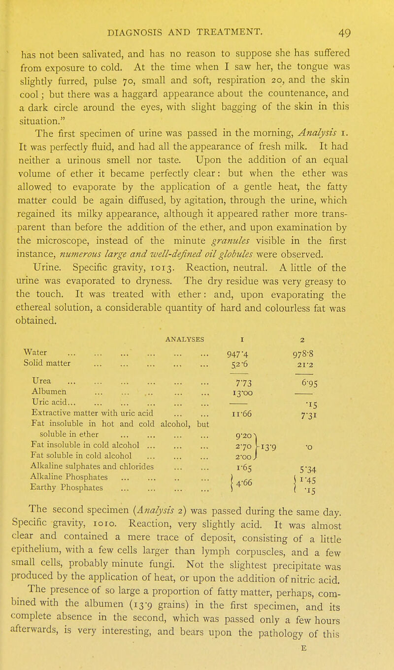 has not been salivated, and has no reason to suppose she has suffered from exposure to cold. At the time when I saw her, the tongue was slightly furred, pulse 70, small and soft, respiration 20, and the skin cool; but there was a haggard appearance about the countenance, and a dark circle around the eyes, with slight bagging of the skin in this situation. The first specimen of urine was passed in the morning, Analysis i. It was perfectly fluid, and had all the appearance of fresh milk. It had neither a urinous smell nor taste. Upon the addition of an equal volume of ether it became perfectly clear: but when the ether was allowed to evaporate by the application of a gentle heat, the fatty matter could be again diffused, by agitation, through the urine, which regained its milky appearance, although it appeared rather more trans- parent than before the addition of the ether, and upon examination by the microscope, instead of the minute granules visible in the first instance, numerous large and well-defined oil globules were observed. Urine. Specific gravity, 1013. Reaction, neutral. A little of the urine was evaporated to dryness. The dry residue was very greasy to the touch. It was treated with ether: and, upon evaporating the ethereal solution, a considerable quantity of hard and colourless fat was obtained. ANALYSES I 2 Water 947-4 978-8 Solid matter ... ... ... .,, ... 52-6 21-2 Urea 7-73 6-95 Albumen ... ... ... ... ... I3X)0 Uric acid... ... ... ... ... ... -i^ Extractive matter with uric acid 11-66 7-31 Fat insoluble in hot and cold alcohol, but soluble in ether ... ... ... ... 9-20> Fat insoluble in cold alcohol ... ... ... 2-70 J-13-9 -o Fat soluble in cold alcohol 2-00 J Alkaline sulphates and chlorides I-65 5-34 Alkaline Phosphates ... I ii'45 Earthy Phosphates \ ^'^^ \ -15 The second specimen {Analysis 2) was passed during the same day. Specific gravity, 1010. Reaction, very slightly acid. It was almost clear and contained a mere trace of deposit, consisting of a Httle epithelium, with a few cells larger than lymph corpuscles, and a few small cells, probably minute fungi. Not the slightest precipitate was produced by the application of heat, or upon the addition of nitric acid. The presence of so large a proportion of fatty matter, perhaps, com- bined with the albumen (13-9 grains) in the first specimen, and its complete absence in the second, which was passed only a few hours afterwards, is very interesting, and bears upon the pathology of this E