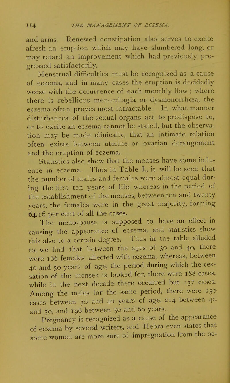 and arms. Renewed constipation also serves to excite afresh an eruption which may have slumbered long, or may retard an improvement which had previously pro- gressed satisfactorily. Menstrual difficulties must be recognized as a cause of eczema, and in many cases the eruption is decidedly worse with the occurrence of each monthly flow; where there is rebellious menorrhagia or dysmenorrhea, the eczema often proves most intractable. In what manner disturbances of the sexual organs act to predispose to, or to excite an eczema cannot be stated, but the observa- tion may be made clinically, that an intimate relation often exists between uterine or ovarian derangement and the eruption of eczema. Statistics also show that the menses have some influ- ence in eczema. Thus in Table I., it will be seen that the number of males and females were almost equal dur- ing the first ten years of life, whereas in the period of the establishment of the menses, between ten and twenty years, the females were in the great majority, forming 64.16 per cent of all the cases. The meno-pause is supposed to have an effect in causing the appearance of eczema, and statistics show this also to a certain degree. Thus in the table alluded to, we find that between the ages of 30 and 40, there were 166 females affected with eczema, whereas, between 40 and 50 years of age, the period during which the ces- sation of the menses is looked for, there were 188 cases, while in the next decade there occurred but 137 cases. Among the males for the same period, there were 250 cases between 30 and 40 years of age, 214 between 40 and 50, and 196 between 50 and 60 years. Pregnancy is recognized as a cause of the appearance of eczema by several writers, and Hebra even states that some women are more sure of impregnation from the oc-