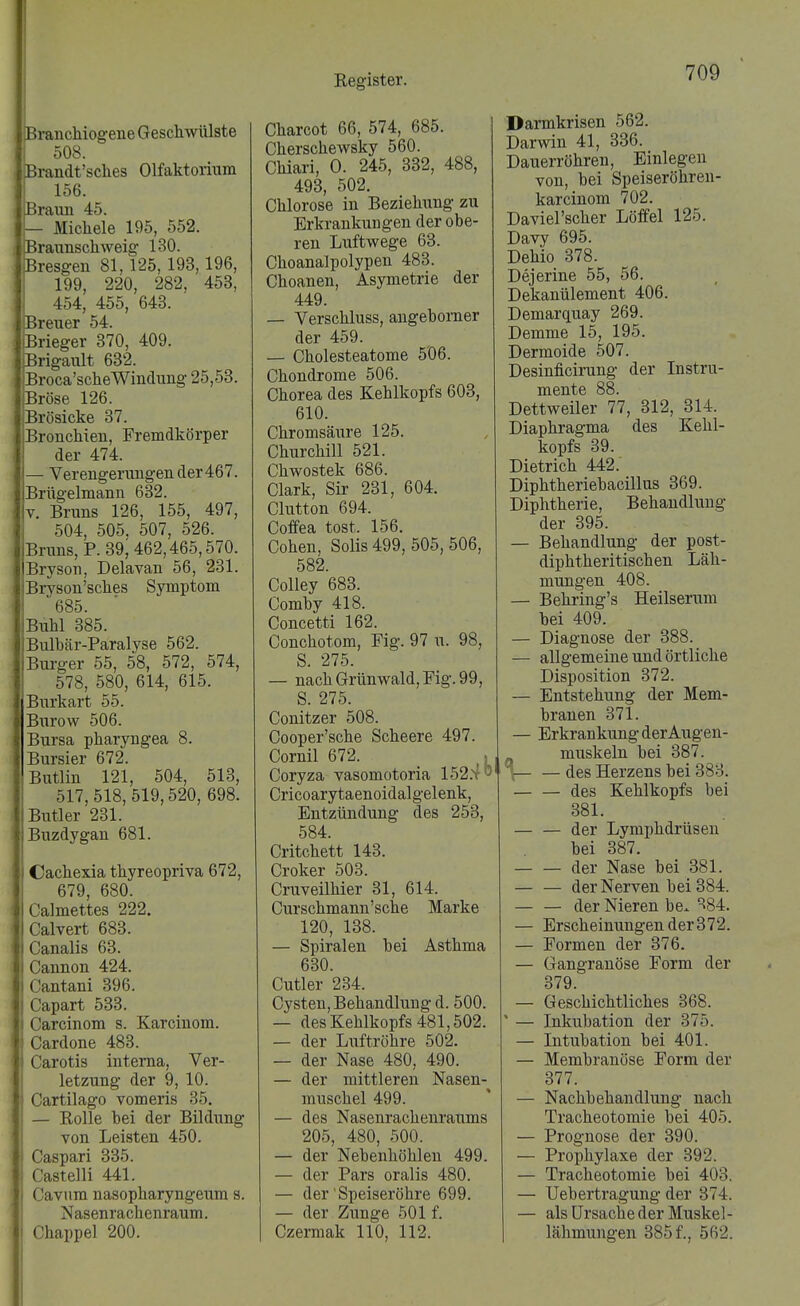 Branchiogene Geschwülste 508. 3randt'sclies Olfaktorium 156. Braun 45. - Michele 195, 552. Braunschweig 130. Bresgen 81,125, 193,196, 199, 220, 282, 453, 454, 455, 643. {Breuer 54. iBrieger 370, 409. jBrigault 632. Broca'scheWindung 25,53. Bröse 126. Brösicke 37. BroncMeu, Fremdkörper der 474. - Verengerungen der 467. Brügelmann 632. V. Bruns 126, 155, 497, 504, 505. 507, 526. Bruns, P. 39; 462,465,570. Bryson, Delavan 56, 231. Brvson'sches Symptom 685. Buhl 385. Biübär-Paralyse 562. Burger 55, 58, 572, 574, 578, 580, 614, 615. Burkart 55. Biirow 506. Bursa pharyngea 8. Bursier 672. Butlin 121, 504, 513, 517,518,519,520, 698. Butler 281. Buzdygan 681. Cachexia thyreopriva 672, 679, 680. Calmettes 222. Calvert 683. Canalis 63. Cannon 424. Cantani 396. Capart 533. Carcinom s. Karcinom. Cardone 483. Carotis interna, Ver- letzung der 9, 10. Cartilago vomeris 35. — Rolle bei der Bildung von Leisten 450. Caspari 335. Castelli 441. Cavnm nasopharyngeum s. Nasenrachenraum. Chappel 200. Charcot 66, 574, 685. Cherschewsky 560. Chiari, 0. 245, 332, 488, 493, 502. Chlorose in Beziehung zu Erkrankungen der obe- ren Luftwege 63. Choanalpolypen 483. Choanen, Asymetrie der 449. — Verschluss, angebomer der 459. — Cholesteatome 506. Chondrome 506. Chorea des Kehlkopfs 603, 610. Chromsäure 125. Churchill 521. Chwostek 686. Clark, Sir 231, 604. Clutton 694. Coffea tost. 156. Cohen, Solls 499, 505, 506, 582. Colley 683. Comby 418. Concetti 162. Conchotom, Fig. 97 u. 98, S. 275. — nach Grünwald, Fig. 99, S. 275. Conitzer 508. Cooper'sche Scheere 497. Cornil 672. , Coryza vasomotoria 152.40 Cricoarytaenoidalgelenk, Entzündung des 258, 584. Critchett 143. Croker 503. Cruveilhier 31, 614. Curschmann'sche Marke 120, 138. — Spiralen bei Asthma 630. Cutler 234. Cysten, Behandlung d. 500. — des Kehlkopfs 481,502. — der Liiftröhre 502. — der Nase 480, 490. — der mittleren Nasen- muschel 499. — des Nasenrachenraums 205, 480, 500. — der Nebenhöhlen 499. — der Pars oralis 480. — der'Speiseröhre 699. — der Zunge 501 f. Czermak 110, 112. Darmkrisen 562. Darwin 41, 336. Dauerröhren, Einlegen von, bei Speiseröhren- karcinom 702. Daviel'scher Löffel 125. Davy 695. Dehio 378. Dejerine 55, 56. Dekanülement 406. Demarquay 269. Demme 15, 195. Dermoide 507. Desinflcirung der Instru- mente 88. Dettweiler 77, 312, 314. Diaphragma des Kehl- kopfs 39. Dietrich 442. Diphtheriebacillus 369. Diphtherie, Behandlung der 395. — Behandlung der post- diphtheritischen Läh- mungen 408. — Behring's Heilserum bei 409. — Diagnose der 388. — allgemeine und örtliche Disposition 372. — Entstehung der Mem- branen 371. — Erkrankung derAugen- muskeln bei 387. 1— — des Herzens bei 388. des Kehlkopfs bei 381. der Lymphdrüsen bei 387. der Nase bei 381. der Nerven bei 384. der Nieren be. ^84. — Erscheinungen der872. — Formen der 376. — Gangranöse Form der 379. — Geschichtliches 368. ' — Inkubation der 375. — Intubation bei 401. — Membranöse Form der 377. — Nachbehandlung nach Tracheotomie bei 405. — Prognose der 890. — Prophylaxe der 392. — Tracheotomie bei 403. — Uebertragung der 374. — als Ursache der Muskel- lähmungen 385f., 562.