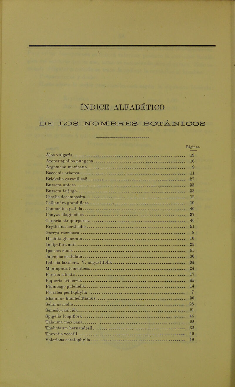 \ ÍNDICE ALFABÉTICO ID JE LOS 3ST03VnBS,-ES BOTÁNICOS Páginas. Áloe vulgaris . . . 19 Arctostaphilos pungens 16 Argemone mexicana 9 Bocconia arbórea 11 Brickel ia cavanillesii....... 27 Bursera áptera 33 Bursera trijuga 33 Caoalia d ecom posita. _ 12 Calliandra grandiflora ..... . 19 Commelina pallida 46 Conyza filaginoides 37 Coriaria atropurpúrea. 40 Erythrina coraloides 51 Garrya racemosa _ 8 Hechtia glomerata 10 Indigcfera añil 25 Ipomaea stans 41 Jatropha spalulata 36 Lobelia laxiflora. V. angustifolia . 34 Montagnoa tomentosa - 24 Perezia adnata... 17 Piquería trinervia - - 45 Plumbago pulchella - 14 Psorálea pentaphylla - -. 7 Rhamnus humboldtianus 30 Scbinusmolle — .- -. 28 Senecio canicida 21 Spigelia longiflora 44 Talauma mexicana 22 Thalictrura hernandezii 32 Thevetia yccotli —. 49