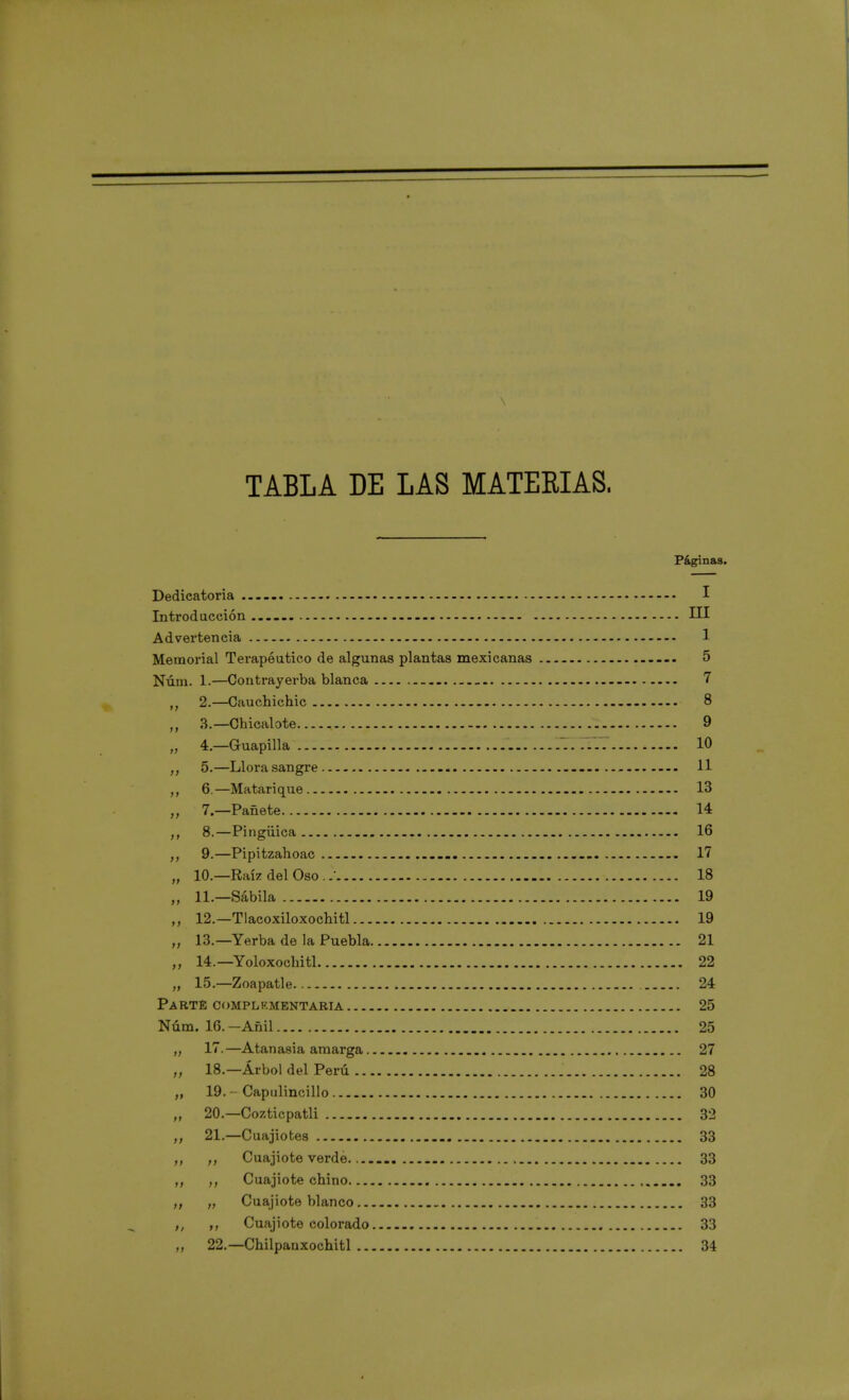 TABLA DE LAS MATEEIAS. Páginas. Dedicatoria .—- I Introducción - III Advertencia 1 Memorial Terapéutico de algunas plantas mexicanas 5 Núm. 1.—Contrayerba blanca 7 tf 2.—Cauchichic 8 3.—Ohicalote 9 „ 4.—Guapilla 10 5. —Llora sangre - H 6. —Matarique - 13 7. —Pañete 14 8. —Pingiiica 16 9. —Pipitzahoac 17 „ 10.—Raíz del Oso.. 18 „ 11.—Sábila 19 12.—Tlacoxiloxochitl 19 „ 13.—Yerba de la Puebla 21 „ 14.—Yoloxochitl 22 „ 15.—Zoapatle 24 Parte complementaria 25 Núm. 16. -Añil 25 „ 17.—Atanasia amarga 27 „ 18.—Árbol del Perú 28 „ 19. - Capulincillo 30 „ 20.—Cozticpatli 32 „ 21.—Cuajiotes 33 Cuajiote verde 33 „ Cuajiote chino 33 „ Cuajiote blanco 33 tl ,, Cuajiote colorado 33 „ 22.— Chilpanxochitl 34