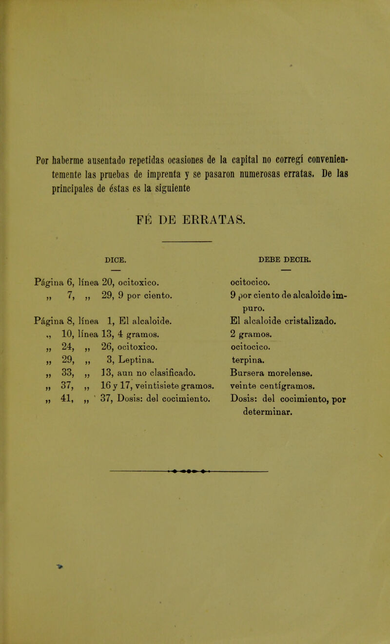 Por haberme ausentado repetidas ocasiones de la capital no corregí convenien- temente las pruebas de imprenta y se pasaron numerosas erratas. De las principales de éstas es la siguiente FÉ DE ERRATAS. DICE. DEBE DECIR. Página 6, línea 20, ocitoxico. 7, 29, 9 por ciento. Página 8, línea 1, El alcaloide. 10, línea 13, 4 gramos. 24, ,, 26, ocitoxico. 3, Leptina. 13, aun no clasificado. 16 y 17, veintisiete gramos. 37, Dosis: del cocimiento. 29, 33, 37, 41, ocitocico. 9 por ciento de alcaloide im- puro. El alcaloide cristalizado. 2 gramos. ocitocico. terpina. Bursera morelense. veinte centigramos. Dosis: del cocimiento, por determinar.