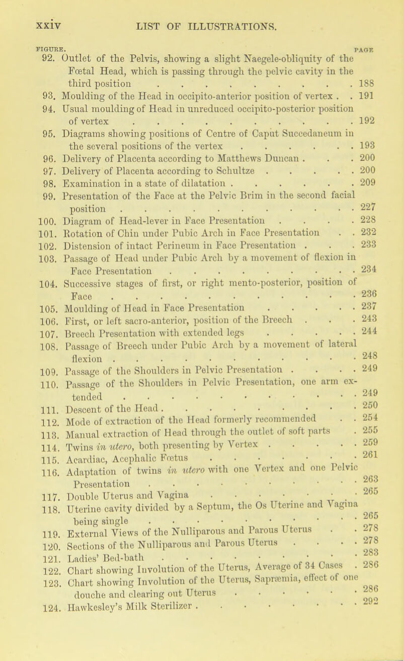 FIGURE. PAOF. 92. Outlet of the Pelvis, showing a slight Naegele-obliqrrity of the Foetal Head, which is passing through the pelvic cavity in the third position 188 93. Moulding of the Head in occipitoanterior position of vertex . . 191 94. Usual moulding of Head in unreduced occipito-posterior position of vertex 192 95. Diagrams showing positions of Centre of Caput Snceedaneum in the several positions of the vertex . . . . . . 193 96. Delivery of Placenta according to Matthews Duncan . . . 200 97. Delivery of Placenta according to Schultze 200 98. Examination in a state of dilatation ...... 209 99. Presentation of the Face at the Pelvic Brim in the second facial position 227 100. Diagram of Head-lever in Face Presentation .... 228 101. Rotation of Chin under Pubic Arch in Face Presentation . . 232 102. Distension of intact Perineum in Face Presentation . . . 233 103. Passage of Head under Pubic Arch by a movement of flexion in Face Presentation 234 104. Successive stages of first, or right mento-posterior, position of Face 236 105. Moulding of Head in Face Presentation 237 106. First, or left sacro-anterior, position of the Breech . . . 243 107. Breech Presentation with extended legs 244 108. Passage of Breech under Pubic Arch by a movement of lateral flexion 2^*3 109. Passage of the Shoulders in Pelvic Presentation . . . . 249 110. Passage of the Shoulders in Pelvic Presentation, one arm ex- tended . . • • • •• • • • • 2t9 111. Descent of the Head 250 112. Mode of extraction of the Head formerly recommended . . 254 113. Manual extraction of Head through the outlet of soft parts . 255 114. Twins in idero, both presenting by Vertex 259 115. Acardiac, Acephalic Foetus 261 116. Adaptation of twins in utero with one Vertex and one Pelvic Presentation . . • • ■ • • ' ' 117. Double Uterus and Vagina 26o 118. Uterine cavity divided by a Septum, the Os Uterine and Vagina , . • i ... 265 being single 119. External Views of the Nulliparous and Parous Uterus . . 120. Sections of the Nulliparous and Parous Uterus . . . • 278 121. Ladies'Bed-bath . . • • • • ,'n' ' 122 Chart showing Involution of the Uterus, Average of 34 Cases . 286 123. Chart showing Involution of the Uterus, Saprfcmia, effect of one douche and clearing out Uterus 286 124. Hawkesley's Milk Sterilizer 2 