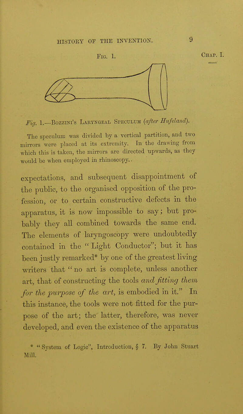 Fig. 1. Chap. I. Fig% l—Bozzini's Laetngeal Speculum (after Hafeland). The speculum was divided by a vertical partition, and two mirrors were placed at its extremity. Tn the drawing from which this is taken, the mirrors are directed upwards, as they would be when employed in rhinoscopy.. expectations, and subsequent disappointment of the public, to the organised opposition of the pro- fession, or to certain, constructive defects in the apparatus, it is now impossible to say; but pro- bably they all combined towards the same end. The elements of laryngoscopy were undoubtedly contained in the  Light Conductor; but it has been justly remarked* by one of the greatest living writers that no art is complete, unless another art, that of constructing the tools and fitting them for the purpose of the art, is embodied in it. In this instance, the tools were not fitted for the pur- pose of the art; the latter, therefore, was never developed, and even the existence of the apparatus *  System of Logic, Introduction, § 7. By John Stuart Mill.