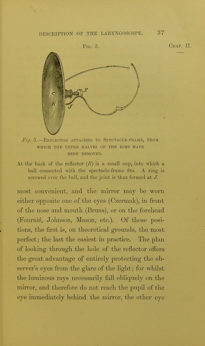 Fig, 5.—Reflector attached to Spectacle-frame, from WHICH THE UPPER HALVES OF THE RIMS HAVE BEEN REMOVED. At the back of the reflector (R) is a small cup, into which a ball connected with the spectacle-frame fits. A ring is screwed over the ball, and the joint is thus formed at J. most convenient, and the mirror may be worn either opposite one of the eyes (Czermak), in front of the nose and mouth (Bruns), or on the forehead (Fournie, Johnson, Mason, etc.). Of these posi- tions, the first is, on theoretical grounds, the most perfect; the last the easiest in practice. The plan of looking through the hole of the reflector offers the great advantage of entirely protecting the ob- server's eyes from the glare of the light; for whilst the luminous rays necessarily fall obliquely on the mirror, and therefore do not reach the pupil of the eye immediately behind the mirror, the other eye