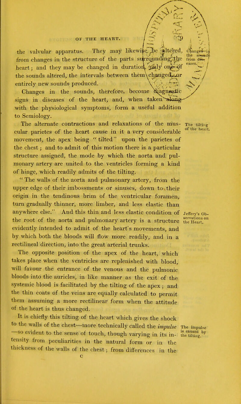 OF THE HEART. j , ''IIP , the valvular apparatus. They may likewi ;^l)e '4lter^d, Sangii^-h from changes m the structure of the parts su rrQanUing:t.lye (Vom <i«. f , , -1.1,•'''-'iJ t-* eases. ■ / heart; and they may be changed m duration^ \^}y ^^T ' the sounds altered, the intervals between them^^change(^U)r J entirely new sounds produced, V -- .t*^^ /' Changes in the sounds, therefore, become amgnjagitic y signs in diseases of the heart, and, when taken'^akuig'-^ with the physiological symptoms, form a useful addition to Semiology. The alternate contractions and relaxations of the mus- The tilting cular parietes of the heart cause in it a very considerable movement, the apex being  tilted upon the parietes of the chest; and to admit of this motion there is a particular structure assigned, the mode by which the aorta and pul- monary artery are united to the ventricles forming a kind of hinge, which readily admits of the tilting.  The walls of the aorta and pulmonary artery, from the upper edge of their imbossments or sinuses, down to- their origin in the tendinous brim of the ventricular foramen, turn gradually thinner, more limber, atid less elastic than anywhere else. And this thin and less elastic condition of jefFeiy's Ob- the root of the aorta and pulmonary artery is a structure the^Heart.° evidently intended to admit of the heart's movements, and by which both the bloods will flow more readily, and in a rectilineal direction, into the great arterial trunks. The opposite position of the apex of the heart, which takes place when the ventricles are replenished with blood, will favour the entrance of the venous and the pulmonic bloods into the auricles, in like manner as the exit of the systemic blood is facilitated by the tilting of the apex; and the thin coats of the veins are equally calculated to permit them assuming a more rectilinear form when the attitude of the heart is thus changed. It is chiefly this tilting of the heart which gives the shock to the walls of the chest—more technically called the impulse The impure —so evident to the sense of touch, though varying in its in- theTuufg.'*' tensity from peculiarities in the natural form or in the thickness of the walls of the chest; from differences in the