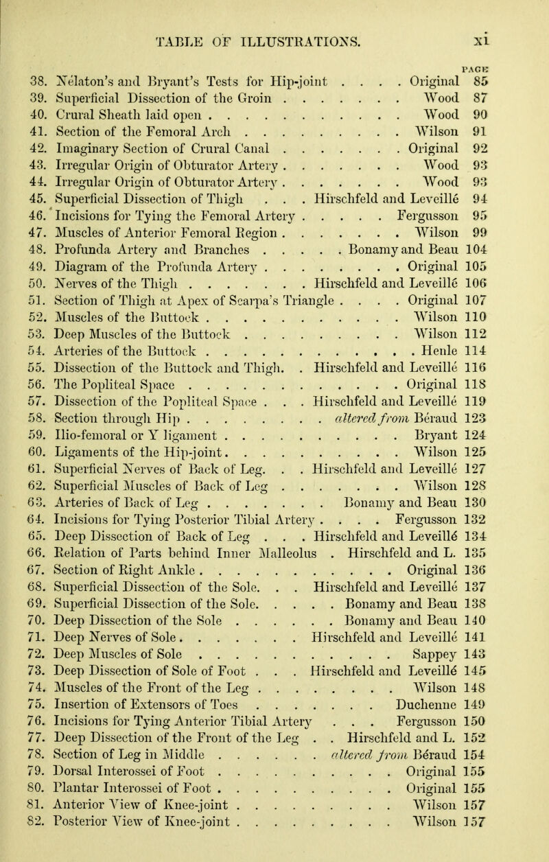 PACK 38. Nelaton's and Bryant's Tests for Hip-joint .... Original 85 39. Superficial Dissection of the Groin Wood 87 40. Crural Sheath laid open Wood 90 41. Section of the Femoral Arch Wilson 91 42. Imaginary Section of Crural Canal Original 92 48. Irregular Origin of Obturator Artery Wood 93 44. Irregular Origin of Obturator Artery Wood 93 45. Superficial Dissection of Tliigh . . . Hirschfeld and Leveille 94 46. Incisions for Tying the Femoral Artery Fergusson 95 47. Muscles of Anterior Femoral Eegion Wilson 99 48. Profunda Artery and Branches Bonamyand Beau 104 49. Diagram of the Profunda Artery Original 105 50. N'erves of the Tliigh Hirschfeld and Leveille 106 51. Section of Tliigh at Apex of Scarpa's Triangle . . . . Original 107 52. Muscles of the Pnittock Wilson 110 53. Deep Muscles of the Buttock Wilson 112 54. Arteries of the Buttock Henle 114 55. Dissection of the Buttock and Thigh. . Hirschfeld and Leveille 116 56. The Popliteal Space Original IIS 57. Dissection of the Popliteal Space . . . Hirschfeld and Leveille 119 58. Section through Hip altered from Beraud 123 59. Ilio-femoral or Y ligament Biyant 124 60. Ligaments of the Hip-joint Wilson 125 61. Superficial Serves of Back of Leg. . . Hirschfeld and Leveille 127 62. Superficial Muscles of Back of Leg AYilson 128 63. Arteries of Back of Leg Bonamy and Beau 130 64. Incisions for Tying Posterior Tibial Artery .... Fergusson 132 65. Deep Dissection of Back of Leg . . . Hirschfeld and Leveille 134 66. Relation of Parts behind Inner ]\Ialleolus . Hirsclifeld and L. 135 67. Section of Right Ankle Original 136 68. Superficial Dissection of the Sole. . . Hirschfeld and Leveille 137 69. Superficial Dissection of the Sole Bonamy and Beau 138 70. Deep Dissection of the Sole Bonamy and Beau 140 71. Deep Nerves of Sole Hirschfeld and Leveille 141 72. Deep Muscles of Sole Sappey 143 73. Deep Dissection of Sole of Foot . . . Hirschfeld and Leveille 145 74. Muscles of the Front of the Leg Wilson 148 75. Insertion of Extensors of Toes Duchenne 149 76. Incisions for Tying Anterior Tibial Artery . . . Fergusson 150 77. Deep Dissection of the Front of the Leg . . Hirschfeld and L. 152 78. Section of Leg in Middle altered Jroni Beraud 154 79. Dorsal Interossei of Foot Original 155 80. Plantar Interossei of Foot Original 155 81. Anterior View of Knee-joint Wilson 157 82. Posterior View of Knee-joint AVilson 157