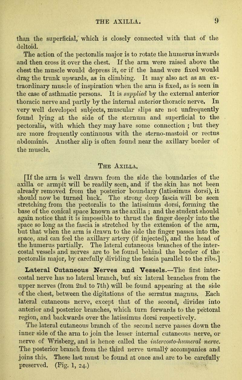 than the superficial,' which is closely connected with that of the deltoid. The action of the pectoralis major is to rotate the humerus inwards and then cross it over the chest. If the arm were raised above the chest the muscle would depress it, or if the hand were fixed would drag the trunk upwards, as in climbing. It may also act as an ex- traordinary muscle of inspiration when the arm is fixed, as is seen in the case of asthmatic persons. It is siiiJ])liecl by the external anterior thoracic nerve and partly by the internal anterior thoracic nerve. In very well developed subjects, muscular slips are not unfrequently found lying at the side of the sternum and superficial to the pectoralis, with which they may have some connection ; but they are more frequently continuous with the sterno-mastoid or rectus abdominis. Another slip is often found near the axillary border of the muscle. The Axilla. [If the arm is w^ell drawn from the side the boundaries of the axilla or armpit will be readily seen, and if the skin has not been already removed from the posterior boundary (latissimus dorsi), it should now be turned back. Tlie strong deep fascia will be seen stretching from the pectoralis to the latissimus dorsi, forming the base of the conical space known as the axilla ; and the student should again notice that it is impossible to thrust the finger deeply into the space so long as the fascia is stretched by the extension of the arm, but that when the arm is drawn to the side the finger passes into the space, and can feel the axillary artery (if injected), and the head of the humerus partially. The lateral cutaneous branches of the inter- costal vessels and nerves are to be found behind the border of the pectoralis major, by carefully dividing the fascia parallel to the ribs.] Lateral Cutaneous Nerves and Vessels.—The first inter- costal nerve has no lateral branch, but six lateral branches from the upper nerves (from 2nd to 7th) will be found appearing at the side of the chest, between the digitations of the serratus magnus. Each lateral cutaneous nerve, except that of the second, divides into anterior and posterior branches, which turn forwards to the pectoral region, and backwards over the latissimus dorsi respectively. The lateral cutaneous branch of the second nerve passes down the inner side of the arm to join the lesser internal cutaneous nerve, or nerve of Wrisberg, and is hence called the intercosto-lmmeral nerve. The posterior branch from the third nerve usually accompanies and joins this. These last must be found at once and are to be carefully preserved. (Fig. I, 24.)