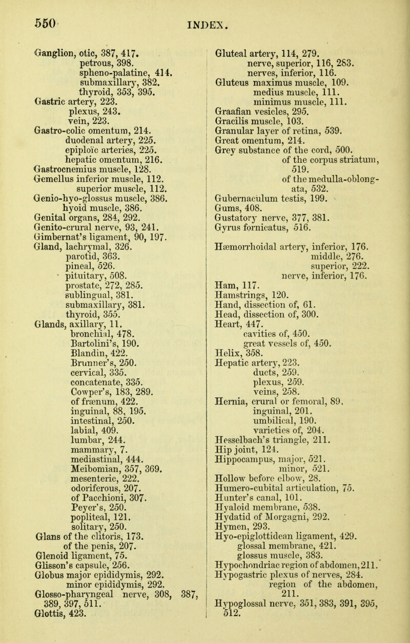 Oanglion, otic, 387, 417. petrous, 398. spheno-palatine, 414. submaxillary, 382. thyroid, 353, 395. Gastric artery, 223. plexus, 243. vein, 223. Gastro-colic omentum, 214. duodenal artery, 225. epiploic arteries, 225. hepatic omentum, 216. Gastrocnemius muscle, 128. Gemellus inferior muscle, 112. superior muscle, 112. Genio-hyo-glossus muscle, 386. hyoid muscle, 386. Genital organs, 284, 292. Genito-crural nerve, 93, 241. Gimbernat's ligament, 90, 197. Gland, lachrymal, 326. parotid, 363. pineal, 526. pituitary, 508. prostate, 272, 285. sublingual, 381. submaxillary, 381. thyroid, 355. Glands, axillary, 11. bronchial, 478. Bartolini's, 190. Blandin, 422. Brunner's, 250. cervical, 335. concatenate, 335. Cowper's, 183, 289. of fraenum, 422. inguinal, 88, 195. intestinal, 250. labial, 409. lumbar, 244. mammary, 7. mediastinal, 444. Meibomian, 357, 369. mesenteric, 222. odoriferous, 207. of Pacchioni, 307. Peyer's, 250. popliteal, 121. solitary, 250. Glans of the clitoris, 173. of the penis, 207. Glenoid ligament, 75. GHsson's capsule, 256. Globus major epididymis, 292. minor epididymis, 292. Glosso-pharyngeal nerve, 308, 389, 397, 511. Glottis, 423. Gluteal artery, 114, 279. nerve, superior, 116, 283. nerves, inferior, 116. i Gluteus maximus muscle, 109. medius muscle. 111. minimus muscle, 111. Graafian vesicles, 295. Gracilis muscle, 103. Granular layer of retina, 539. Great omentum, 214. Grey substance of the cord, 500. of the corpus striatum, 519. of the medulla-oblong- ata, 532. Gubernaciilum testis, 199. Gums, 408. Gustatory nerve, 377, 381. Gyrus fornicatus, 516. Hsemorrhoidal artery, inferior, 176. middle, 276. superior, 222. nerve, inferior, 176. Ham, 117. Hamstrings, 120. Hand, dissection of, 61. Head, dissection of, 300. Heart, 447. cavities of, 450. great vessels of, 450. Helix, 358. Hepatic artery, 223. ducts, 259. plexus, 259. veins, 258. Hernia, crural or femoral, 89. inguinal, 201. umbilical, 190. varieties of, 204. Hesselbach's triangle, 211. Hip joint, 124. Hippocampus, major, 521. minor, 521. Hollow before elbow, 28. Humero-cubital articulation, 75. Hunter's canal, 101. Hyaloid membrane, 538. Hydatid of Morgagni, 292. Hymen, 293. Hyo-epiglottidean ligament, 429. glossal membrane, 421. glossus muscle, 383. Hypochondriac region of abdomen, 211. Hypogastric plexus of nerves, 284. region of the abdomen, 211. Hypoglossal nerve, 351, 383, 391, 395, I 512.