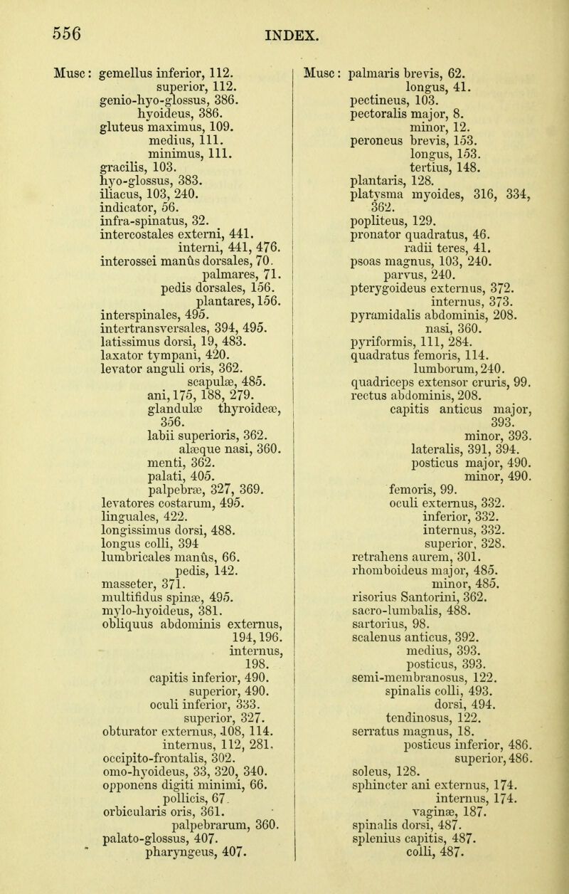 Muse: gemellus inferior, 112. superior, 112. genio-hyo-glossus, 386. hyoideus, 386. gluteus maximus, 109. medius, 111. minimus, 111. gracilis, 103. hyo-glossus, 383. iliaeus, 103, 240. indicator, 56. infra-spinatus, 32. intercostales externi, 441. interni, 441, 476. interossei manus dorsales, 70. palmares, 71. pedis dorsales, 156. plantares, 156. interspinales, 495. intertransversales, 394, 495. latissimus dorsi, 19, 483. laxator tympani, 420. levator anguli oris, 362. scapulae, 485. ani, 175, 188, 279. glandules thyroidese, 356. labii superioris, 362. alseque nasi, 360. menti, 362. palati, 405. palpebral, 327, 369. levatores costarum, 495. linguales, 422. longissimus dorsi, 488. longus colli, 394 lumbricales manus, 66. pedis, 142. masseter, 371. multifidus spinse, 495. mylo-hyoideus, 381. obliquus abdominis externus, 194,196. internus, 198. capitis inferior, 490. superior, 490. oculi inferior, 333. superior, 327. obturator externus, -108, 114. internus, 112, 281, occipito-frontalis, 302. omo-hyoideus, 33, 320, 340. opponens digiti minimi, 66. pollicis, 67. orbicularis oris, 361. palpebrarum, 360. palato-glossus, 407. pharyngeus, 407. Muse: palmaris brevis, 62. longus, 41. pectineus, 103. pectoralis major, 8. minor, 12. peroneus brevis, 153. longus, 153. tertius, 148. plantaris, 128. platvsma myoides, 316, 334, 362. popliteus, 129. pronator quadratus, 46. radii teres, 41. psoas magnus, 103, 240. parvus, 240. pterygoideus externus, 372. internus, 373. pyramidalis abdominis, 208. nasi, 360. pyriformis, 111, 284. quadratus femoris, 114. lumborum, 240. quadriceps extensor cruris, 99. rectus abdominis, 208. capitis anticus major, 393. minor, 393. lateralis, 391, 394. posticus major, 490. minor, 490. femoris, 99. oculi externus, 332. inferior, 332. internus, 332. superior, 328. retrahens aurem, 301. rhomboideus major, 485. minor, 485. risorius Santorini, 362. sacro-lumbalis, 488. sartorius, 98. scalenus anticus, 392. medius, 393. posticus, 393. semi-membranosus, 122. spinalis colli, 493. dorsi, 494. tendinosus, 122. serratus magnus, 18. posticus inferior, 486. superior, 486. soleus, 128. sjDbincter ani externus, 174. internus, 174. vaginae, 187. spinalis dorsi, 487. splenius capitis, 487. colli, 487.