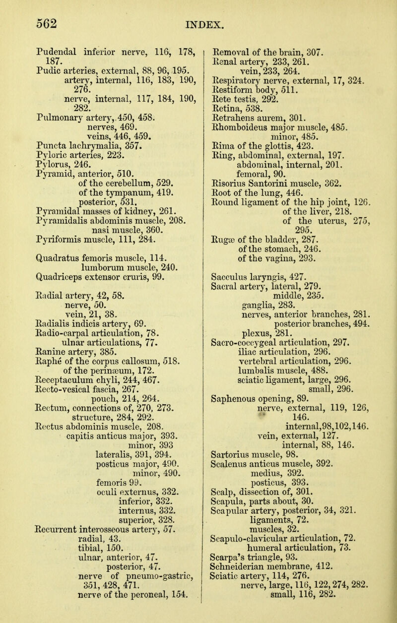 Pudendal inferior nerve, 116, 178, 187. Pudic arteries, external, 88, 96, 195. artery, internal, 116, 183, 190, 276. nerve, internal, 117, 184, 190, 282. Pulmonary artery, 450, 458. nerves, 469. veins, 446, 459. Puncta lachrymalia, 357. Pyloric arteries, 223. Pylorus, 246. Pyramid, anterior, 510. of the cerebellum, 529. of the tympanum, 419. posterior, 531. Pyramidal masses of kidney, 261. Pyramidalis abdominis muscle, 208. nasi muscle, 360. Pyriformis muscle. 111, 284. Quadratus femoris muscle, 114. lumborum muscle, 240. Quadriceps extensor cruris, 99. Eadial artery, 42, 58. nerve, 50. vein, 21, 38. Eadialis indicis artery, 69. Kadio-carpal articulation, 78. ulnar articulations, 77. Eanine artery, 385. Eaphe of the corpus callosum, 518. of the perinseum, 172. Eeceptaculum chjrli, 244, 467. Eecto-vesical fascia, 267. pouch, 214, 264. Eectum, connections of, 270, 273. structure, 284, 292. Eectus abdominis muscle, 208. capitis anticus major, 393. minor, 393 lateralis, 391, 394. posticus major, 490. minor, 490. femoris 99, oculi externus, 332. inferior, 332. internus, 332. superior, 328. Eecurrent interosseous artery, 57. radial, 43. tibial, 150. ^ ulnar, anterior, 47. posterior, 47. nerve of pneumo-gastric, 351, 428, 471. nerve of the peroneal, 154. Eemoval of the brain, 307. Eenal artery, 233, 261. vein, 233, 264. Eespiratory nerve, external, 17, 324. Eestiform body, 511. Eete testis, 292. Eetina, 538. Eetrahens aurem, 301. Ehomboideus major muscle, 485. minor, 485. Eima of the glottis, 423. Eing, abdominal, external, 197. abdominal, internal, 201. femoral, 90. Eisorius Santorini muscle, 362. Eoot of the lung, 446. Eound ligament of the hip joint, 126. of the liver, 218. of the uterus, 275, 295. EugsD of the bladder, 287. of the stomach, 246. of the vagina, 293. Sacculus laryngis, 427. Sacral artery, lateral, 279. middle, 235. ganglia, 283.^ nerves, anterior branches, 281. posterior branches, 494. plexus, 281. Sacro-coccygeal articulation, 297. iliac articulation, 296. vertebral articulation, 296. lumbalis muscle, 488. sciatic ligament, large, 296. small, 296. Saphenous opening, 89. nerve, external, 119, 126, 146. internal,98,102,146. vein, external, 127. internal, 88, 146. Sartorius muscle, 98. Scalenus anticus muscle, 392. medius, 392. posticus, 393. Scalp, dissection of, 301. Scapula, parts about, 30. Scapular artery, posterior, 34, 321. ligaments, 72. muscles, 32. Scapulo-clavicular articulation, 72. humeral articulation, 73. Scarpa's triangle, 93. Schneiderian membrane, 412. Sciatic artery, 114, 276. nerve, large, 116, 122,274, 282. small, 116, 282.